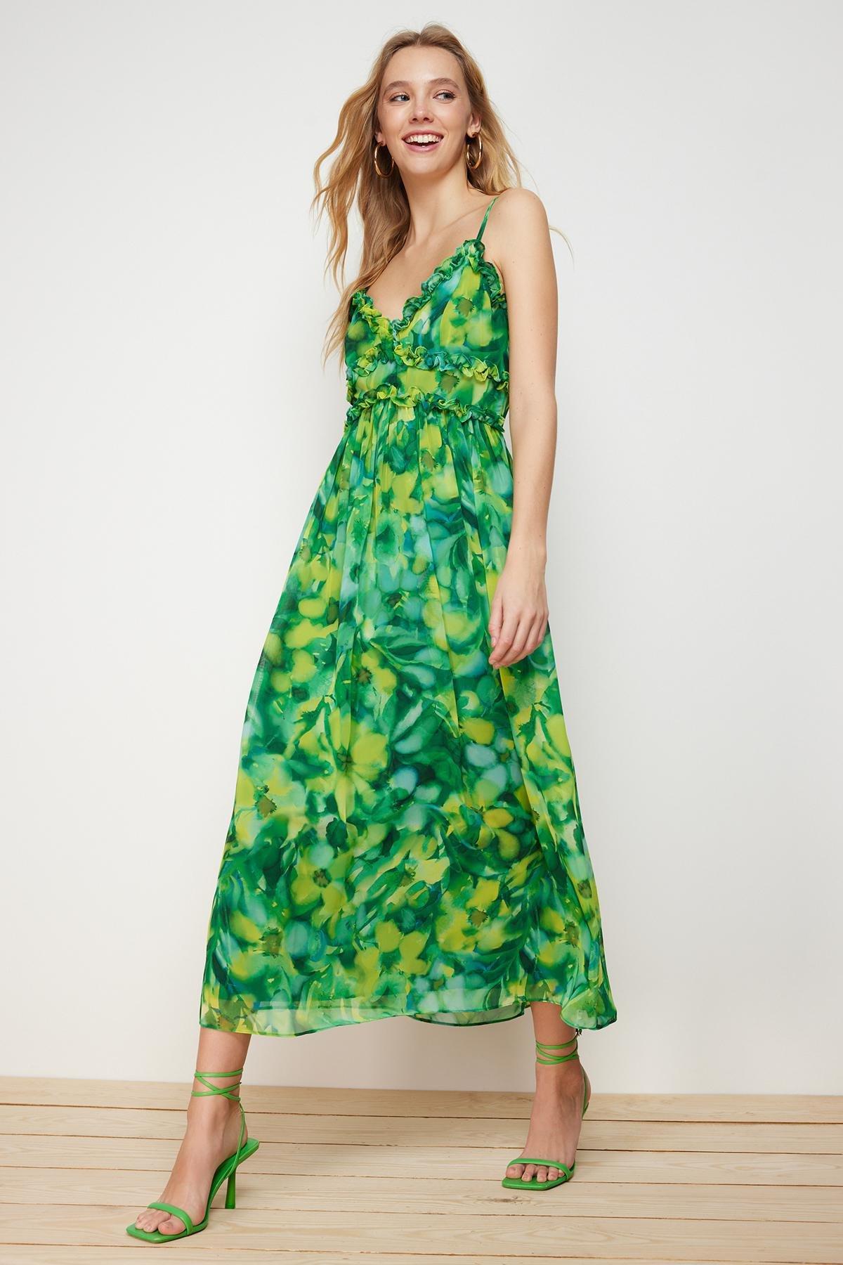 Green Detailed Lined A-Line Maxi Dress, , large image number 1