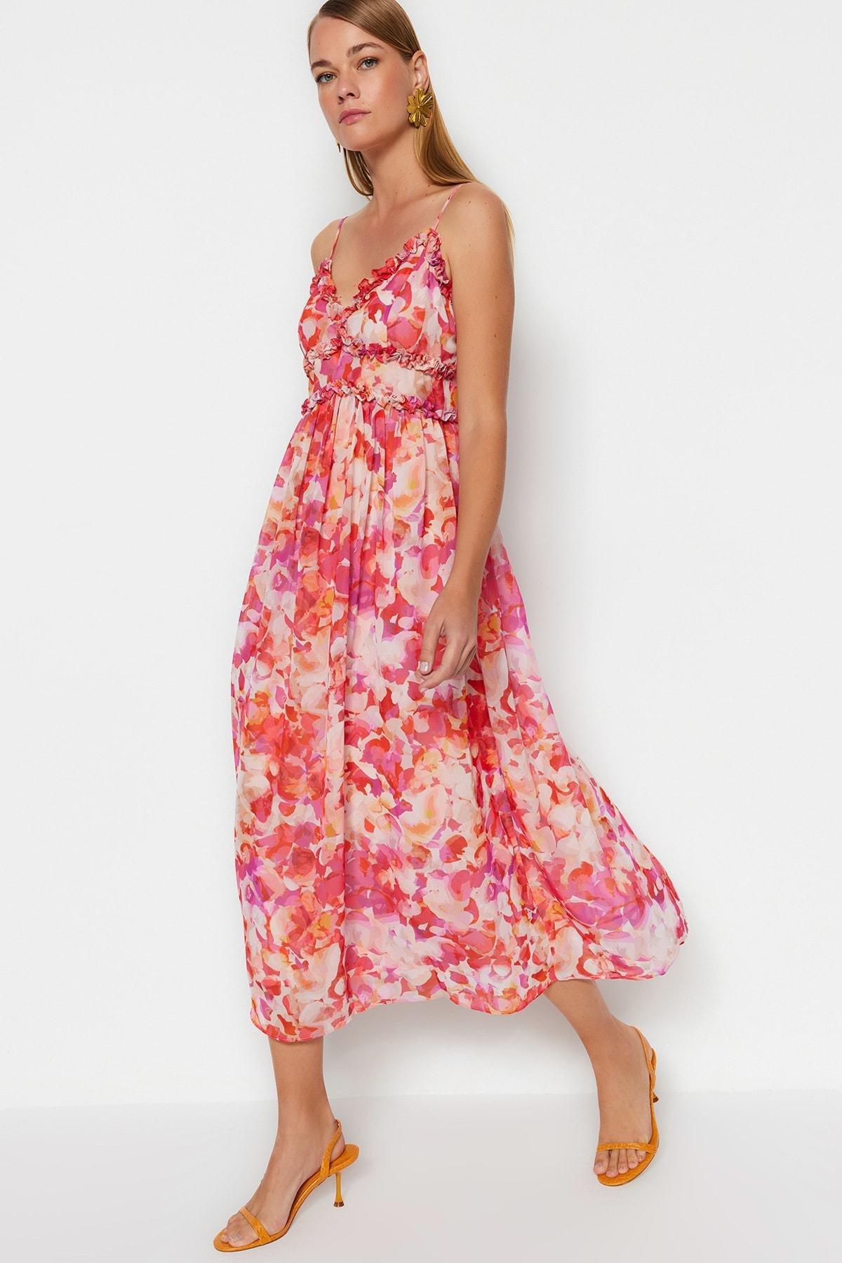 Multicolour Midi Woven Lined Frill Detailed Dress, , large image number 0