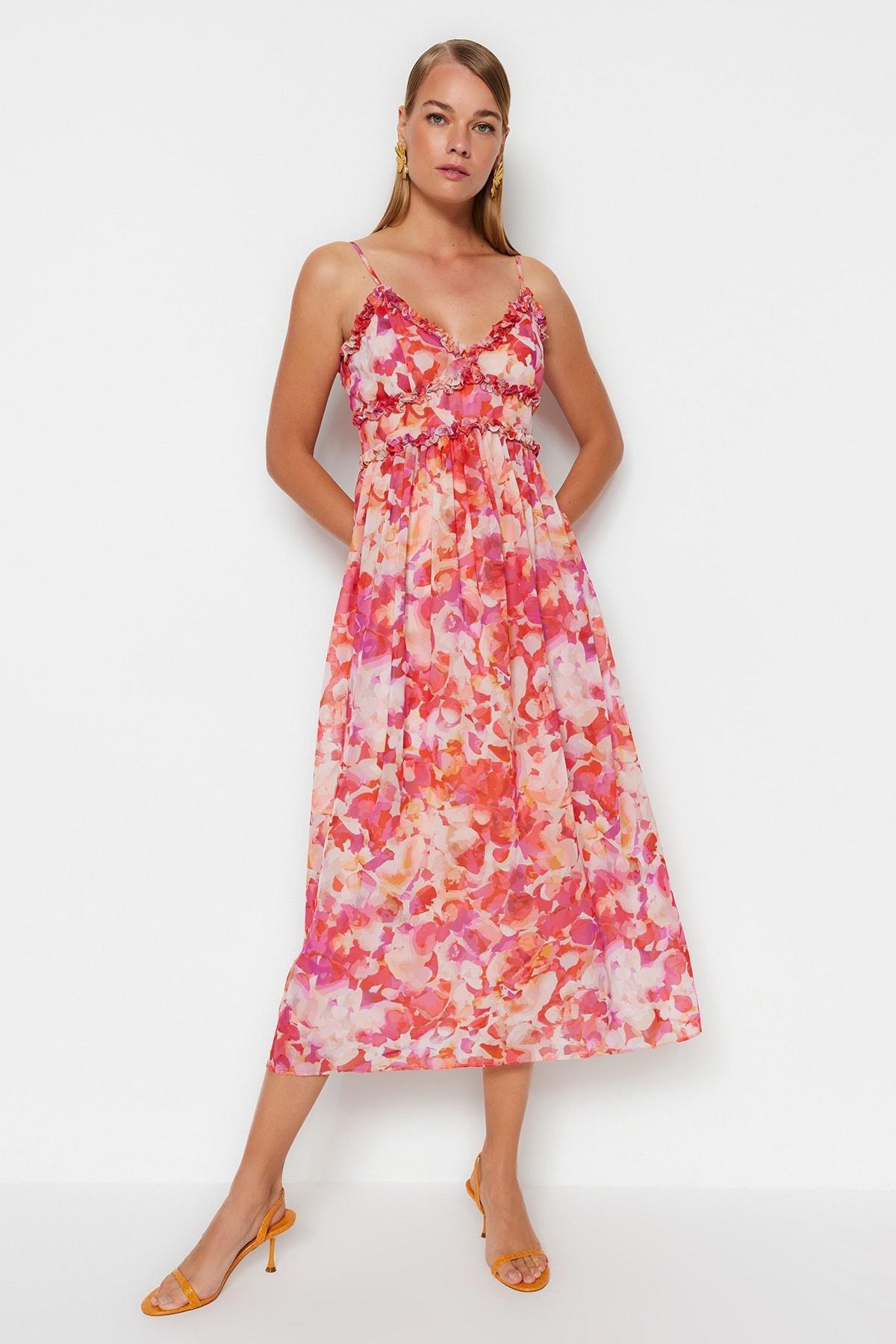 Multicolour Midi Woven Lined Frill Detailed Dress, , large image number 1