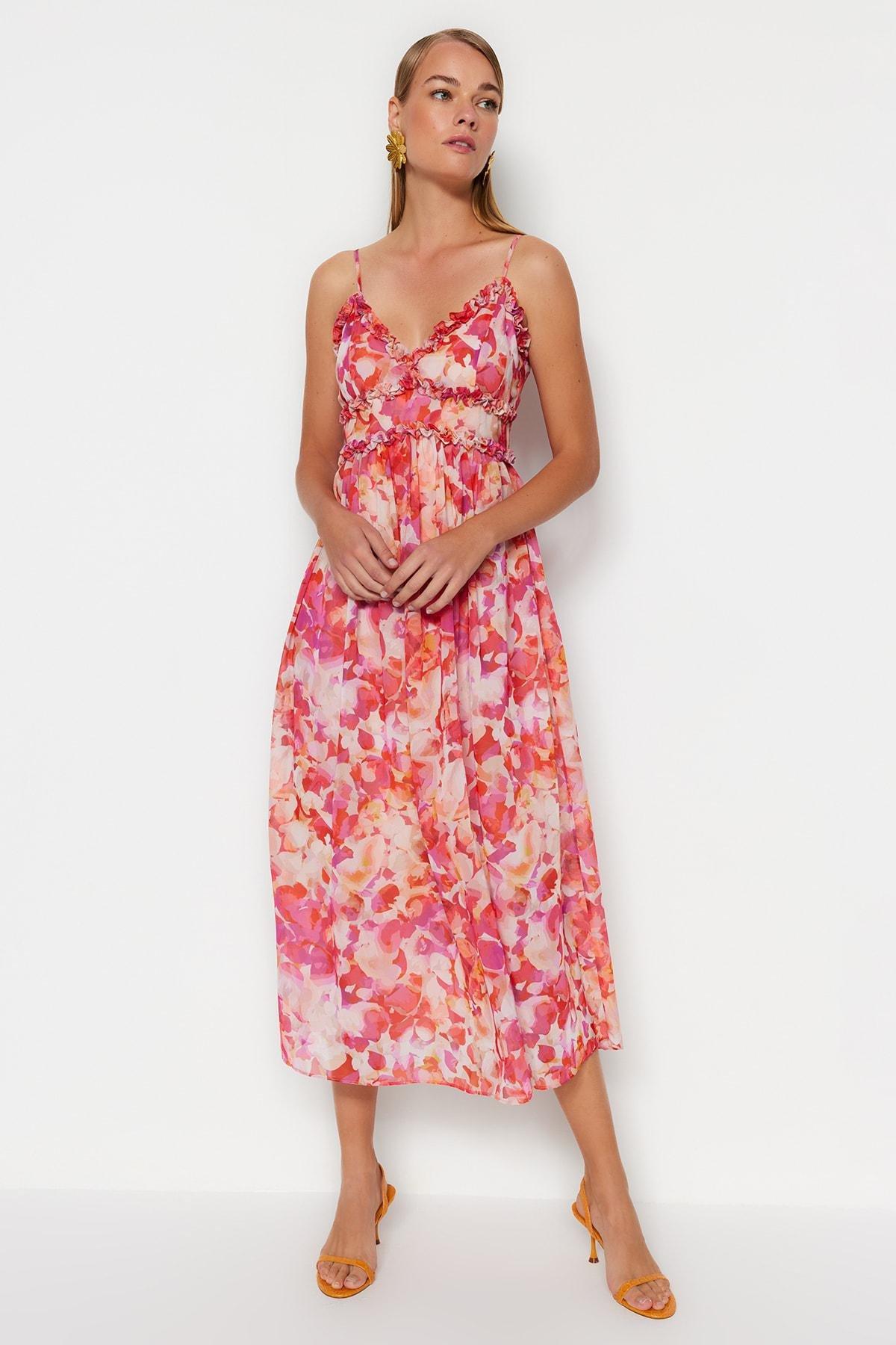Multicolour Midi Woven Lined Frill Detailed Dress, , large image number 2