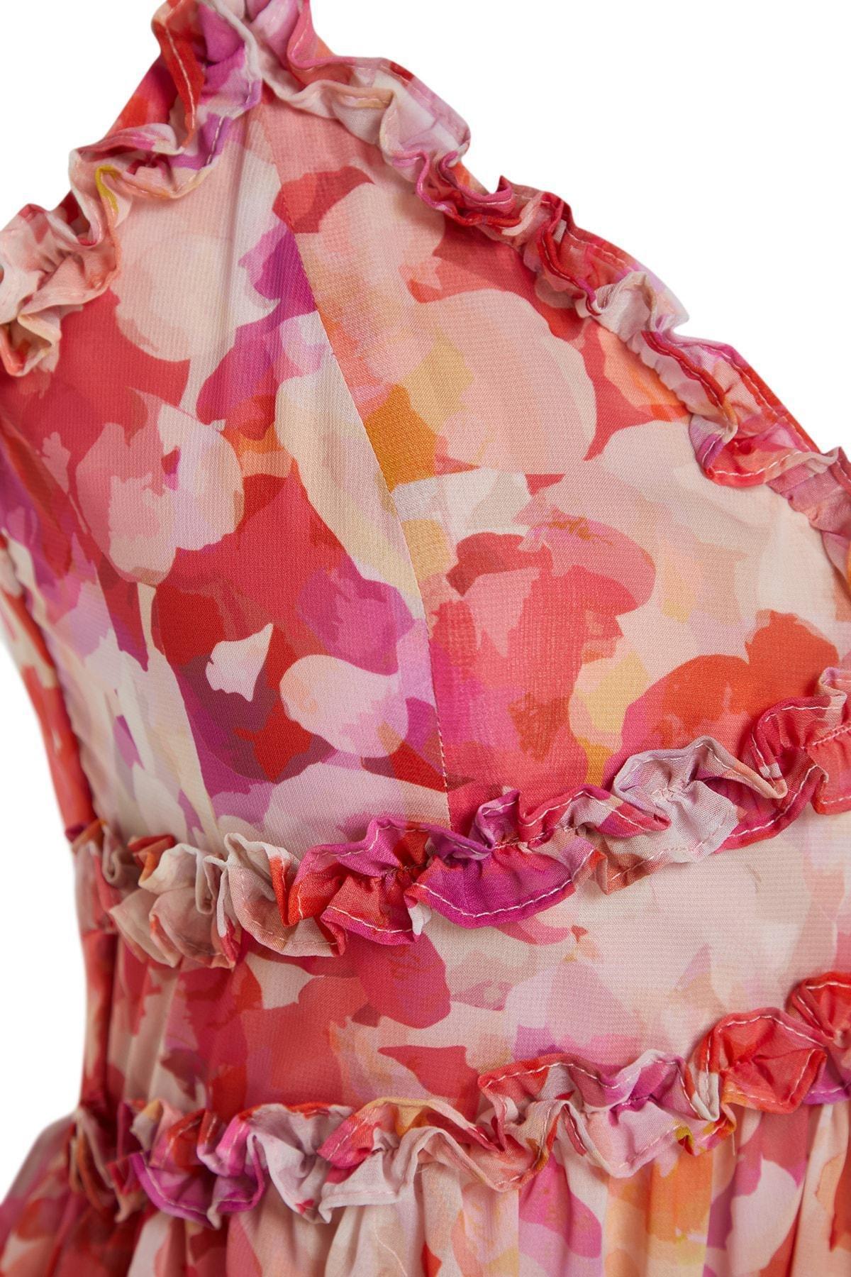 Multicolour Midi Woven Lined Frill Detailed Dress, , large image number 5