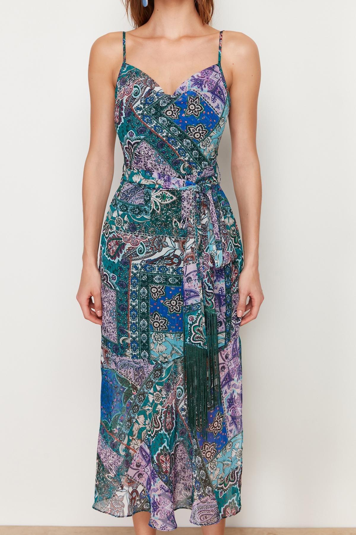 Purple Patterned Belted A-Line Detailed Maxi Dress, , large image number 3