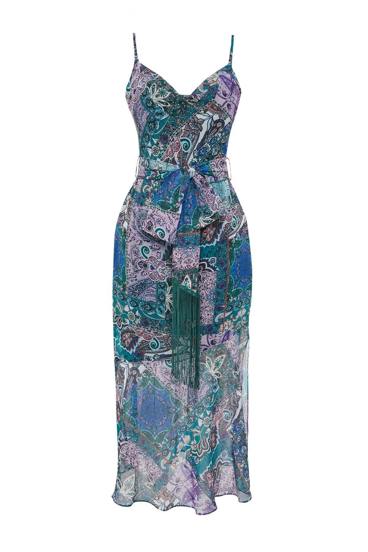 Purple Patterned Belted A-Line Detailed Maxi Dress, , large image number 5