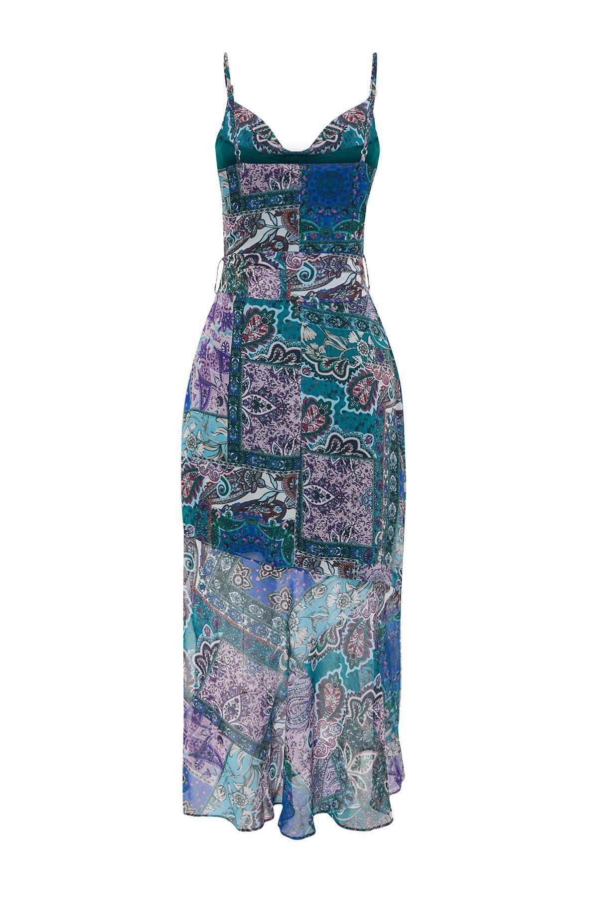 Purple Patterned Belted A-Line Detailed Maxi Dress, , large image number 6