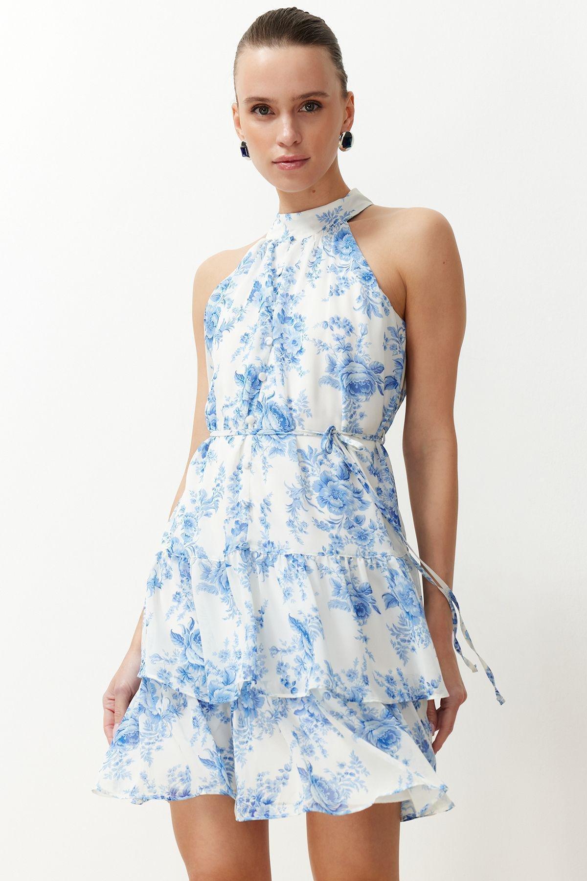Blue Floral Print A-Line Mini Dress, , large image number 0