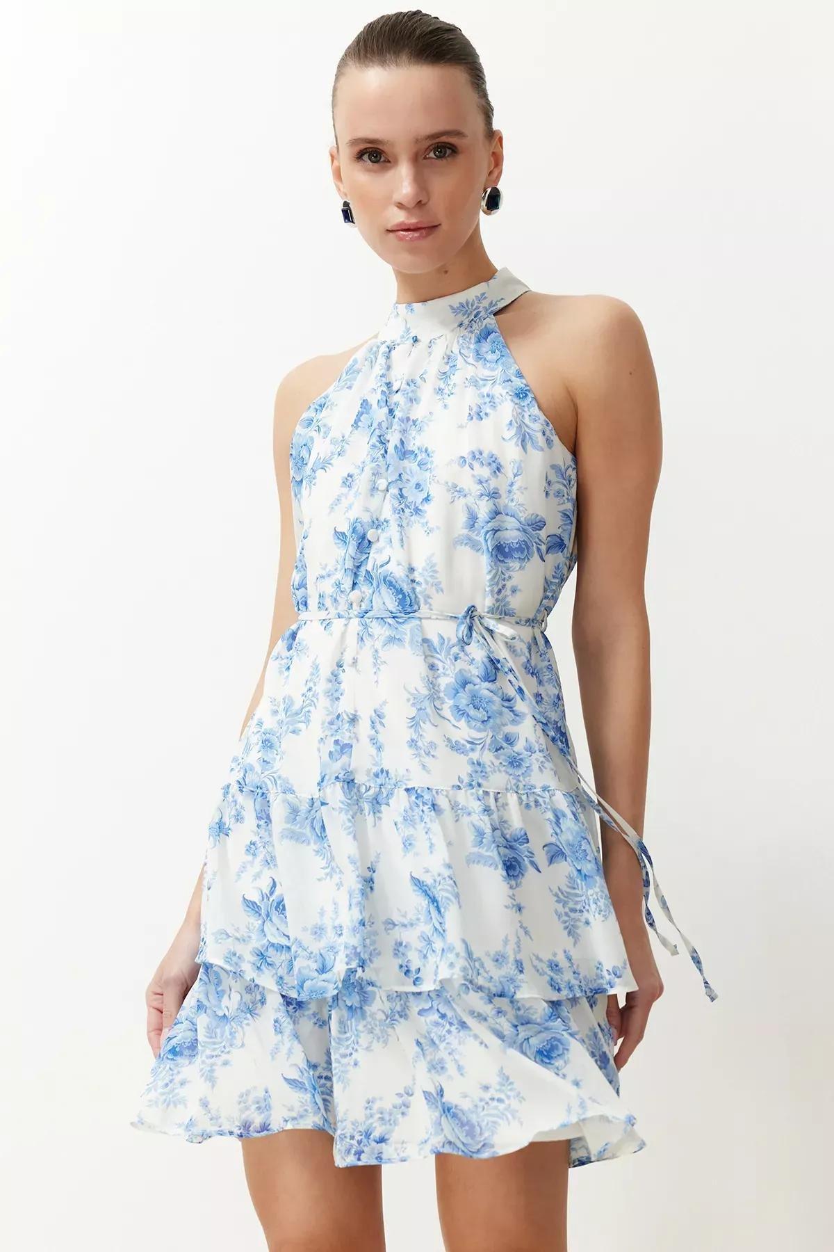 Blue Floral Print A-Line Mini Dress, Ecru, medium