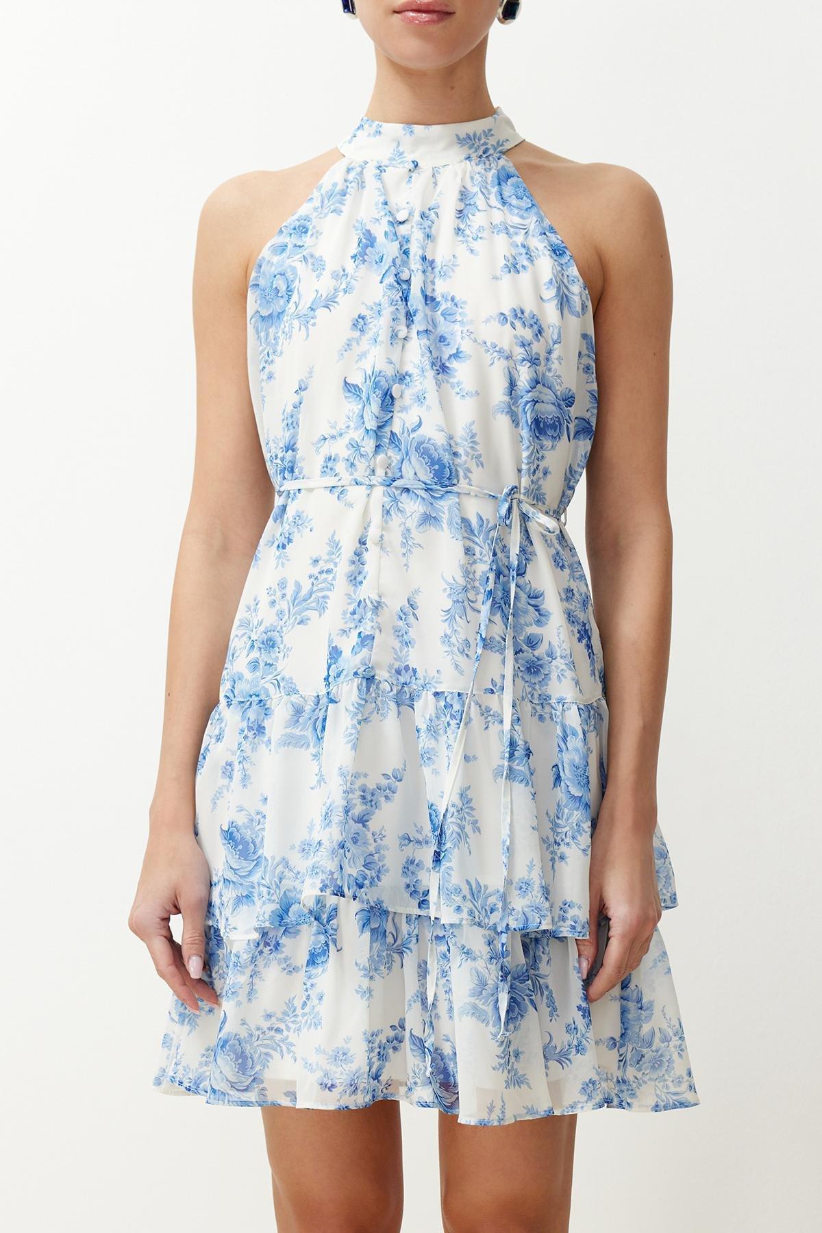 Blue Floral Print A-Line Mini Dress, , large image number 2