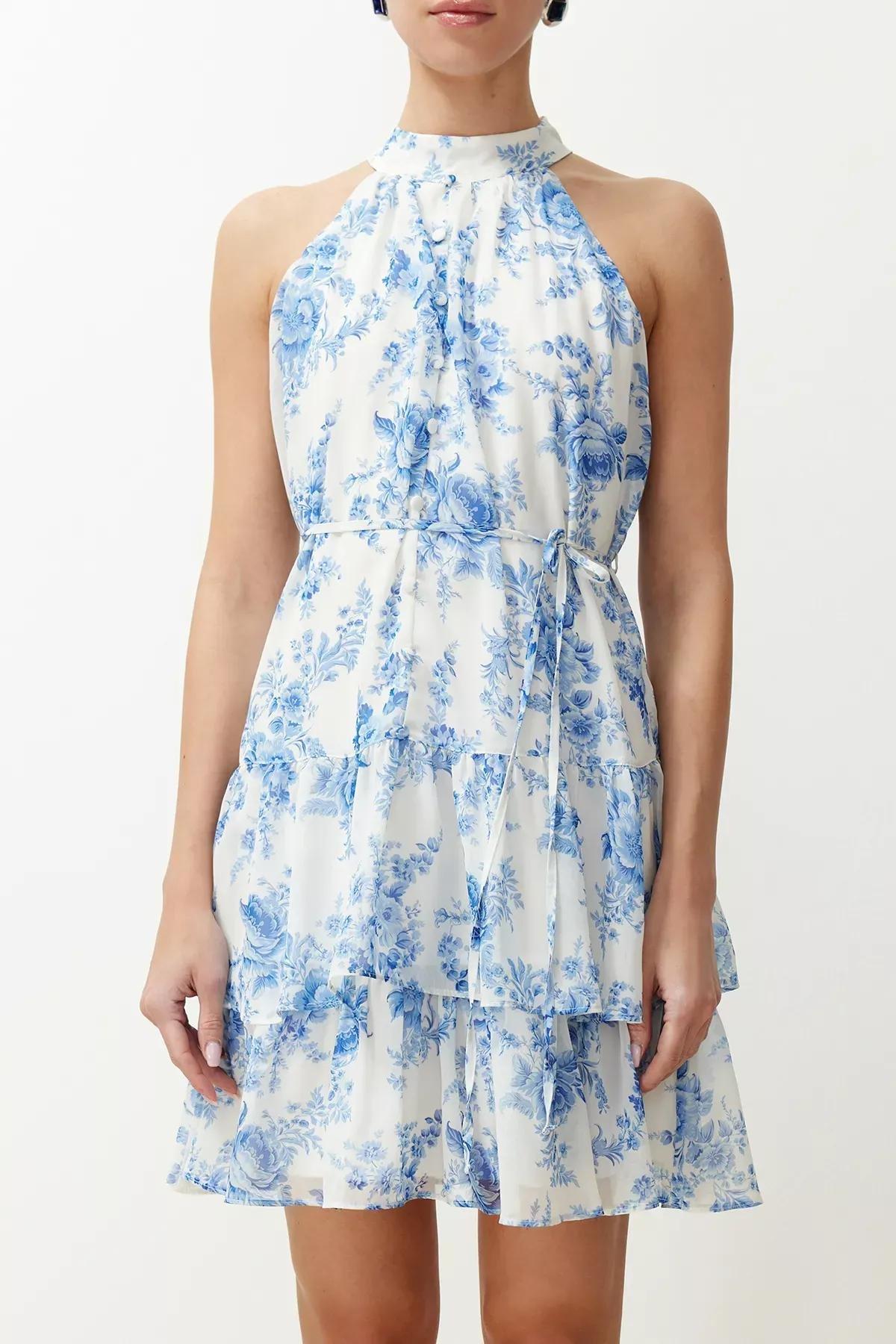 Blue Floral Print A-Line Mini Dress, Ecru, large image number 3