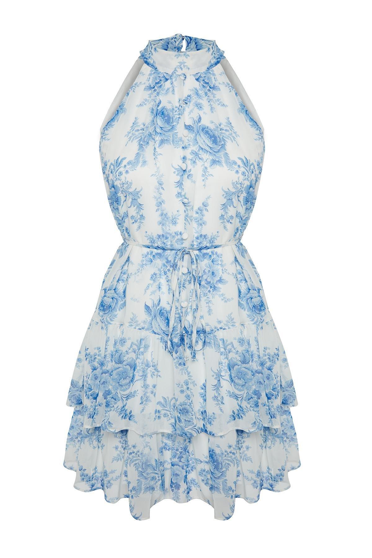 Blue Floral Print A-Line Mini Dress, , large image number 4