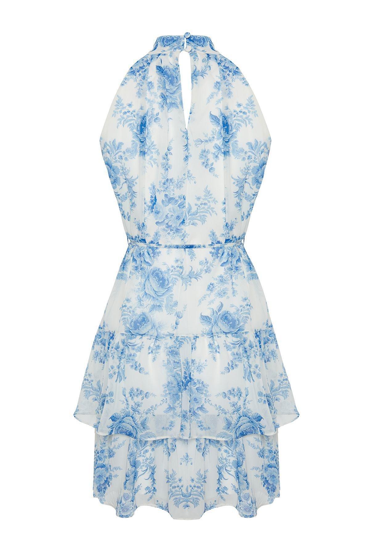 Blue Floral Print A-Line Mini Dress, , large image number 5