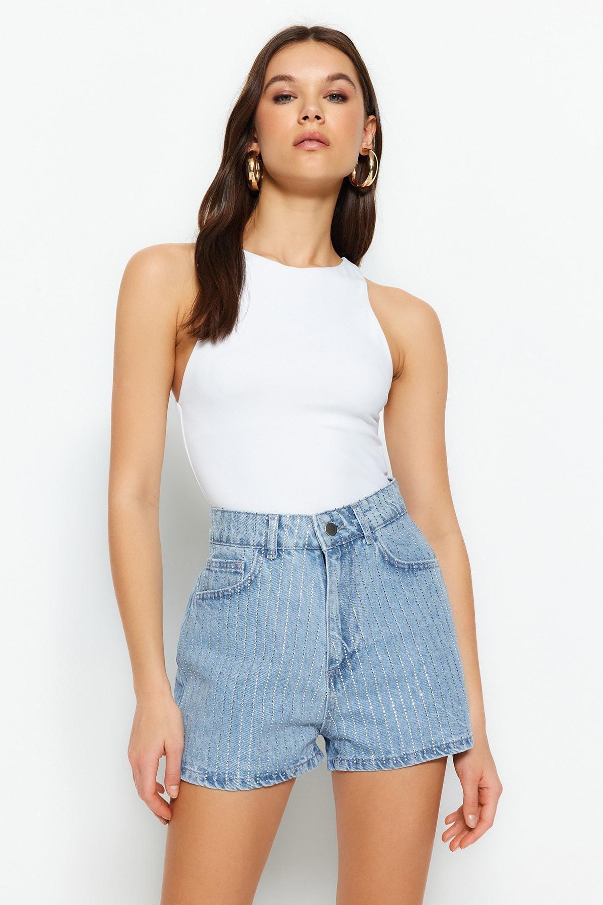 Blue Striped High Waist Shorts, , large image number 0