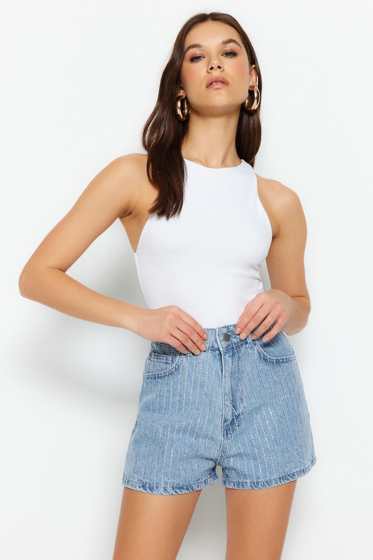 Blue Striped High Waist Shorts, , large image number 1