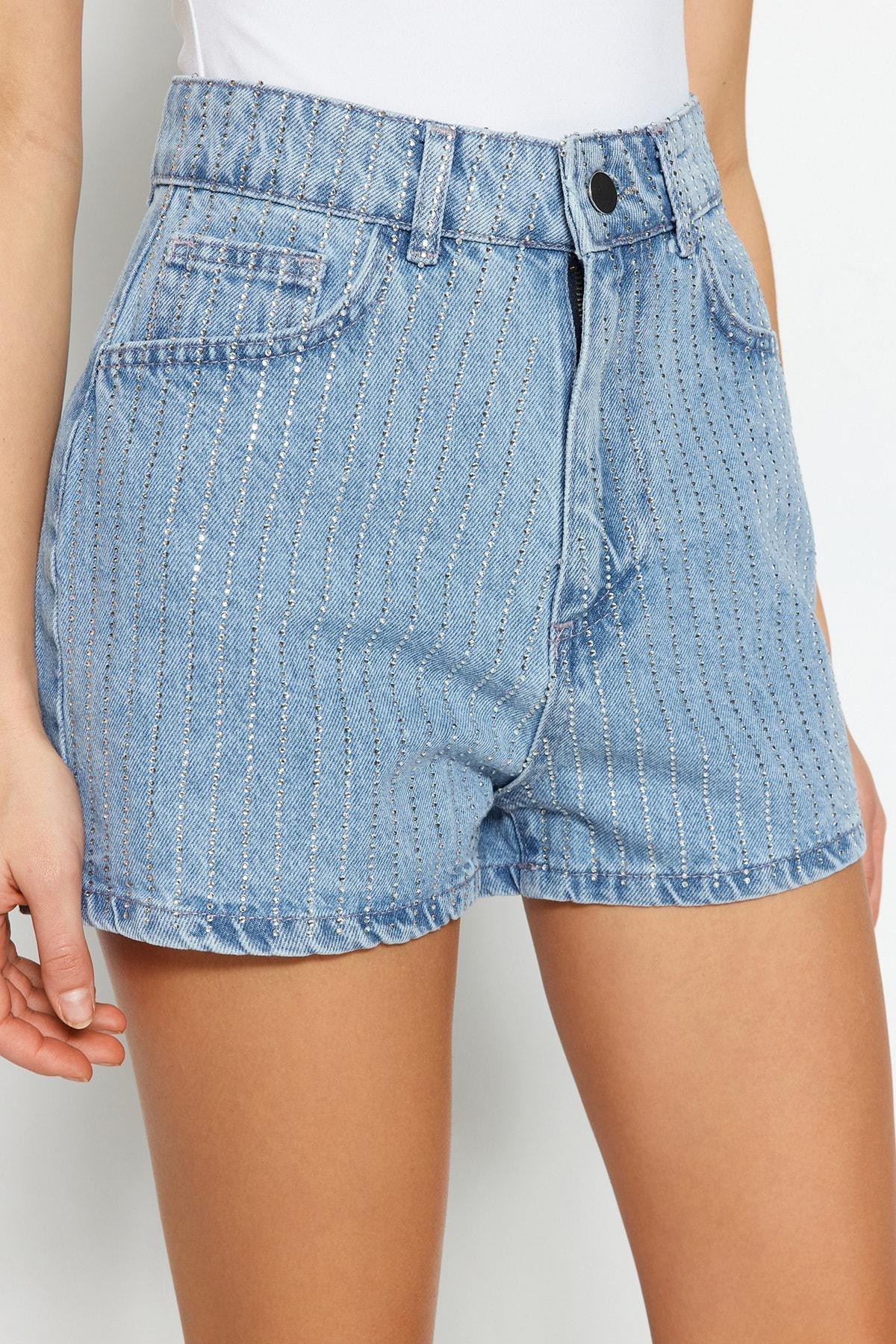 Blue Striped High Waist Shorts, , large image number 2