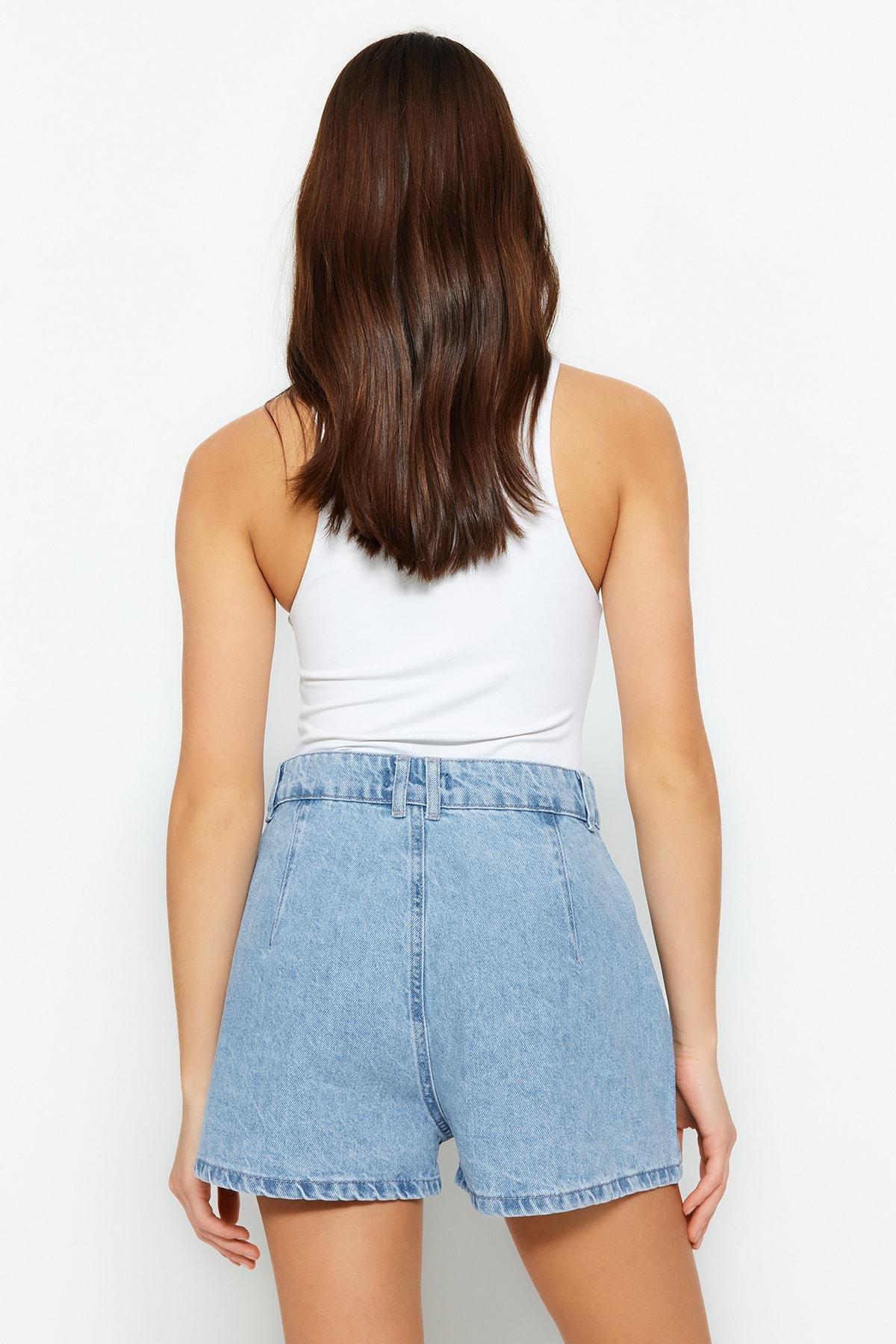 Blue Striped High Waist Shorts, , large image number 3