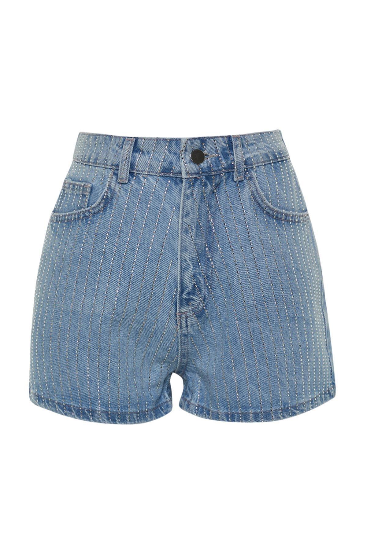 Blue Striped High Waist Shorts, , large image number 4