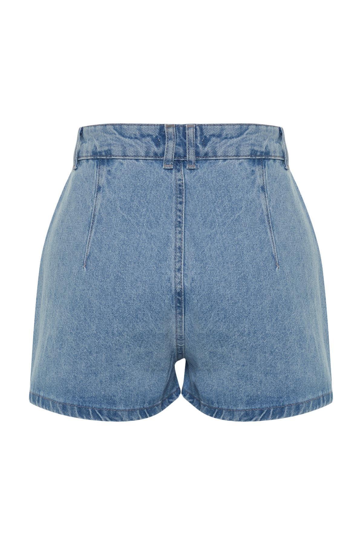 Blue Striped High Waist Shorts, , large image number 5
