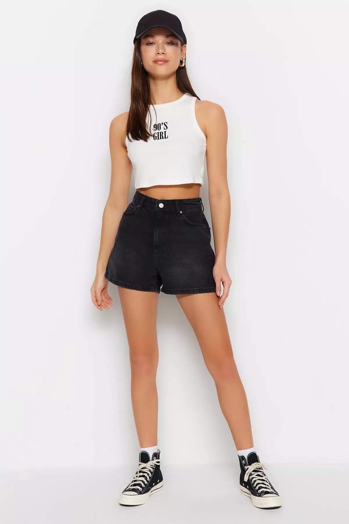Black High Waist Mom Shorts, Black, large image number 2