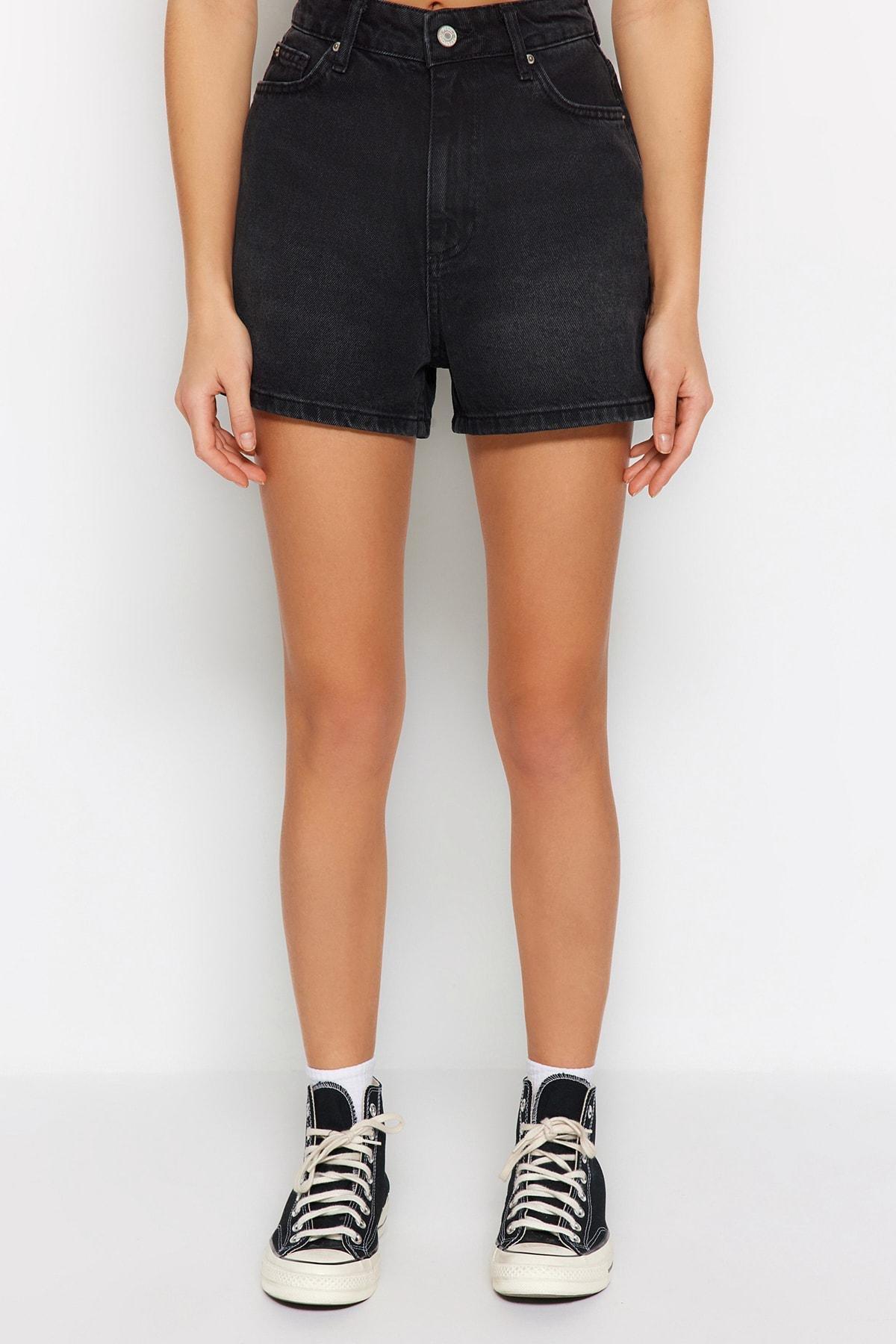 Black High Waist Mom Shorts, , large image number 3