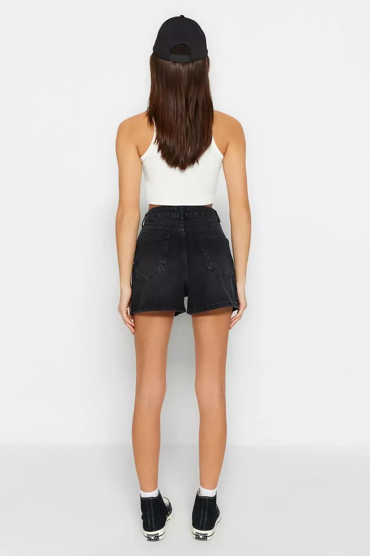 Black High Waist Mom Shorts, Black, large image number 5