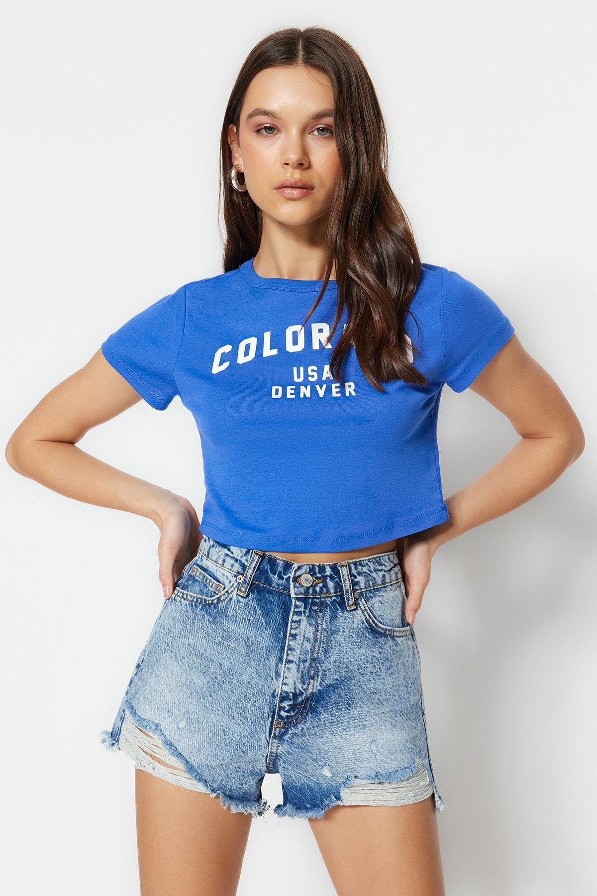 Blue High Waist Mom Shorts, , large image number 2