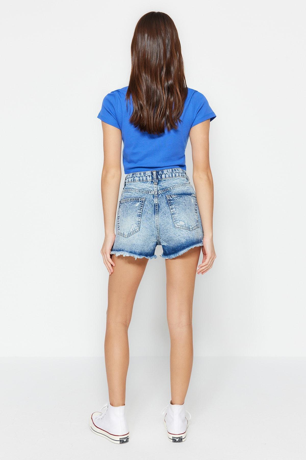 Blue High Waist Mom Shorts, , large image number 5