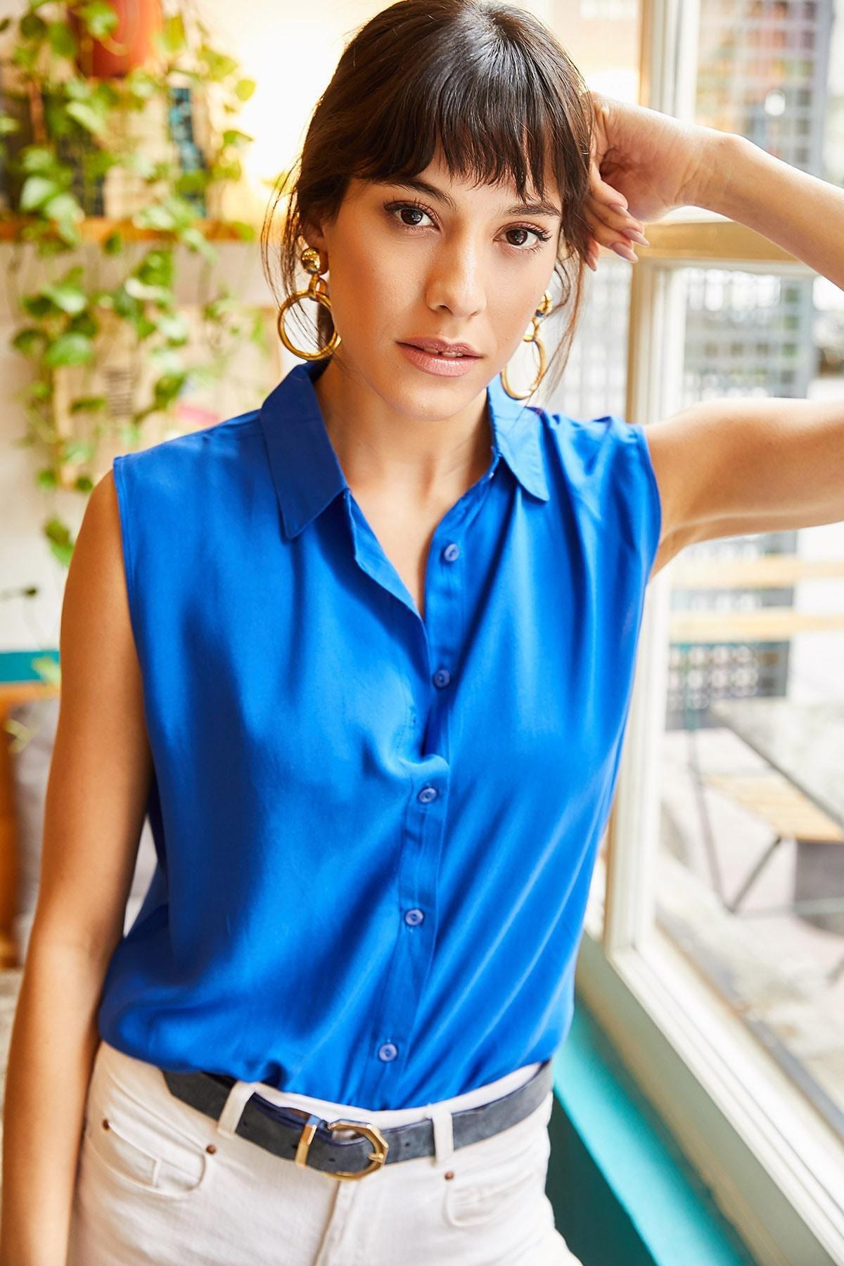 Blue Sleeveless Viscose Shirt, SAKS BLUE, large image number 0
