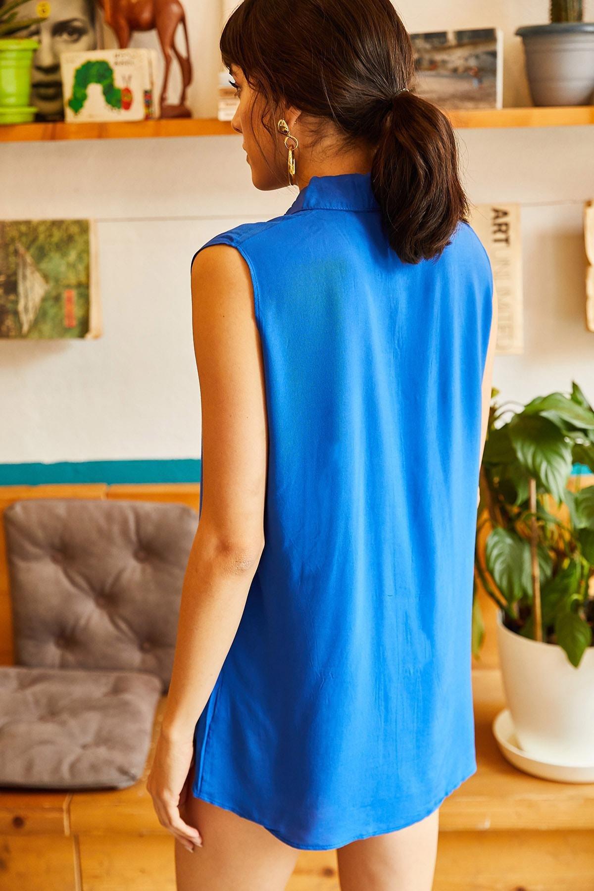 Blue Sleeveless Viscose Shirt, SAKS BLUE, large image number 1