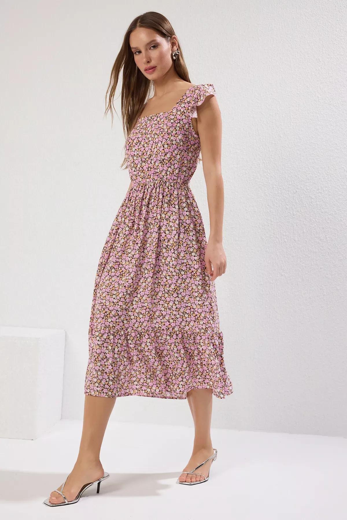 Purple Floral Square Collar Midi Dress, Lilac, large image number 0