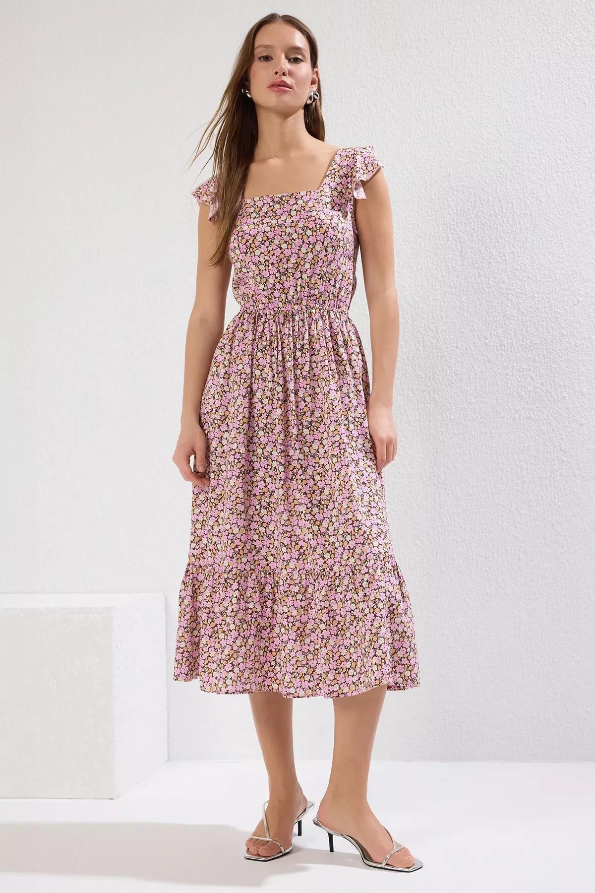 Purple Floral Square Collar Midi Dress, Lilac, large image number 1