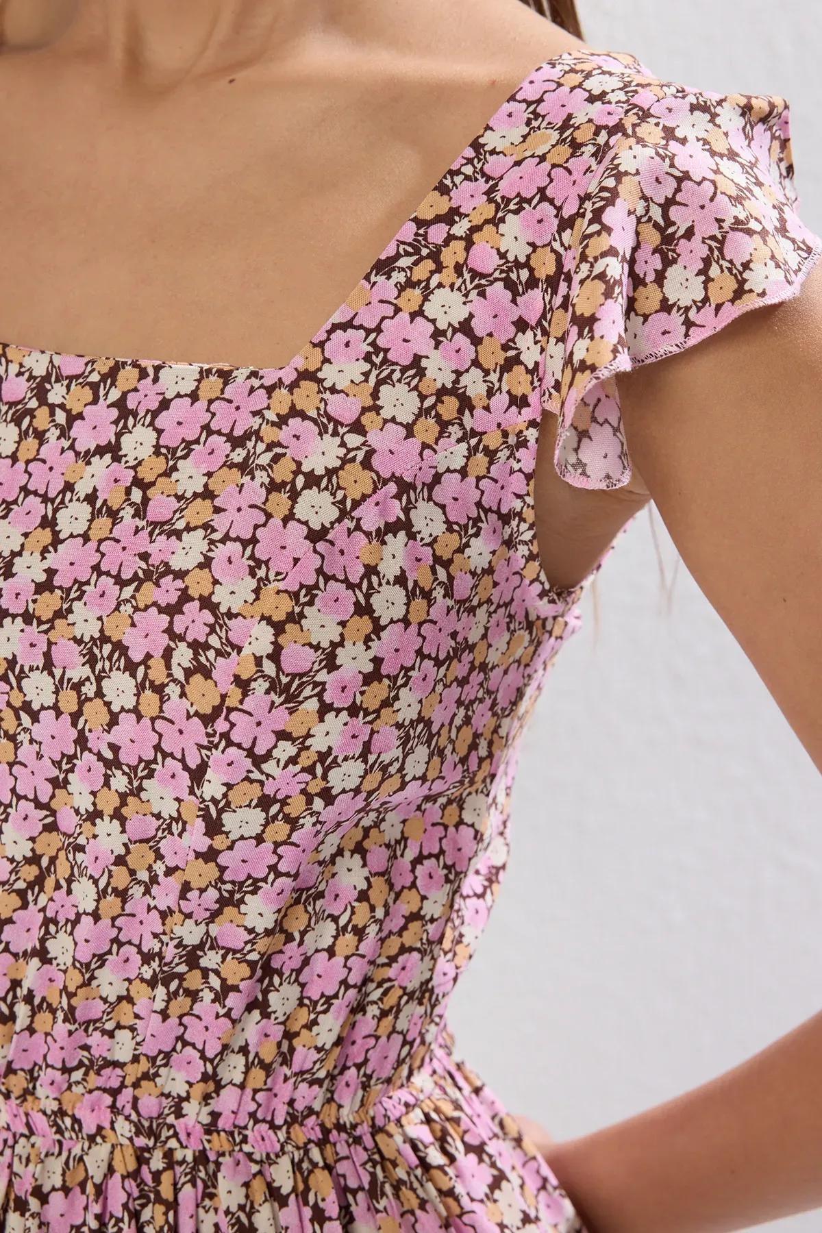 Purple Floral Square Collar Midi Dress, Lilac, large image number 2
