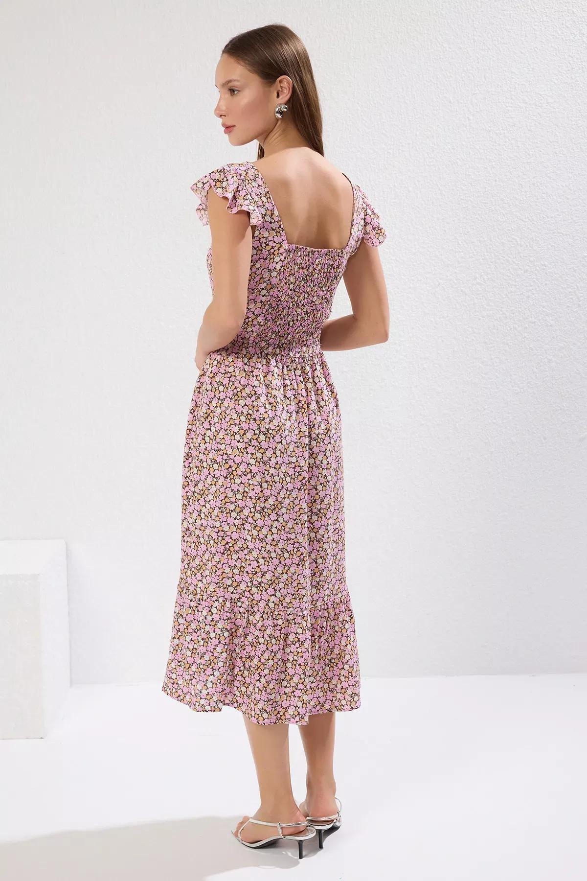 Purple Floral Square Collar Midi Dress, Lilac, large image number 3