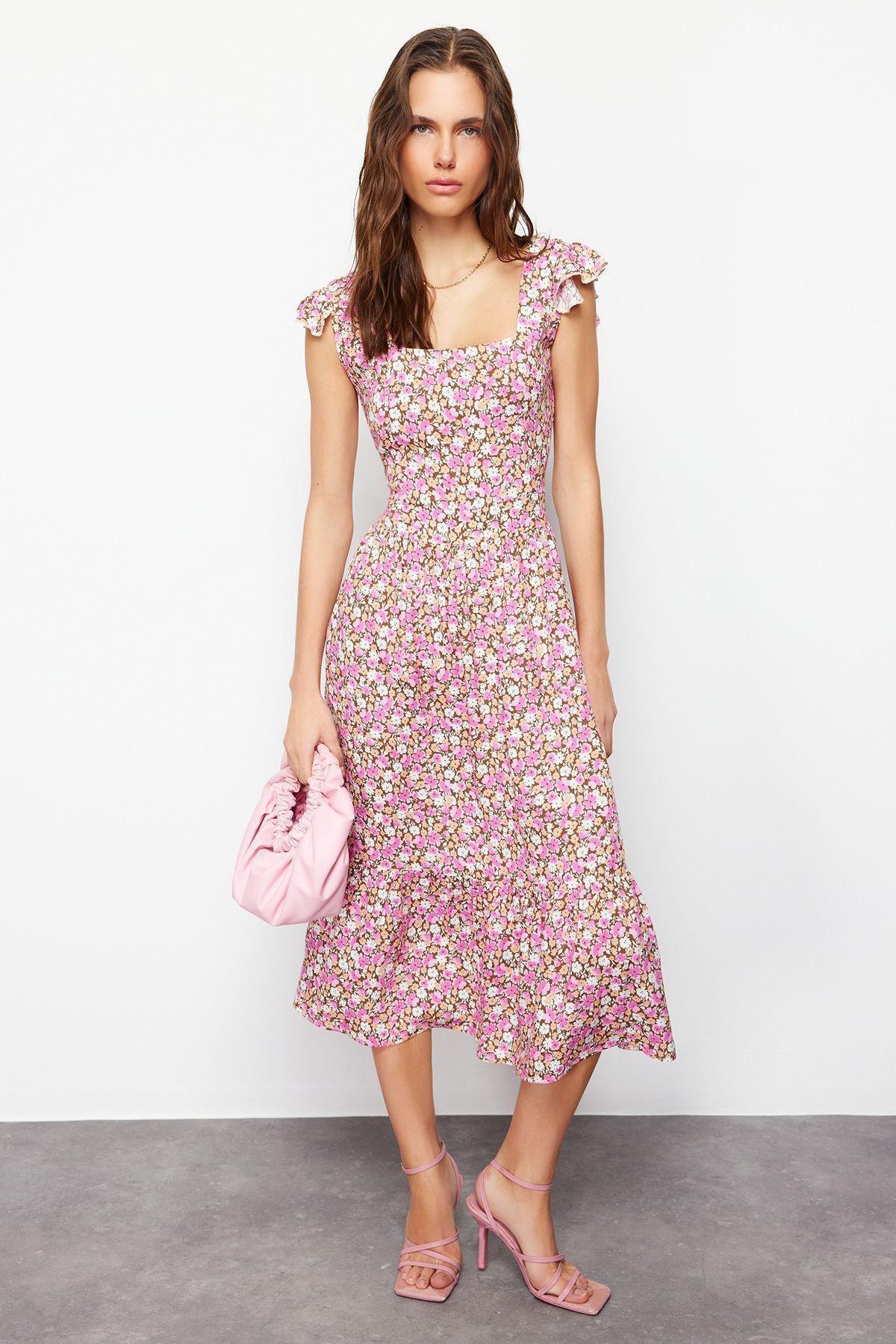 Purple Floral Square Collar Midi Dress, Lilac, large image number 4