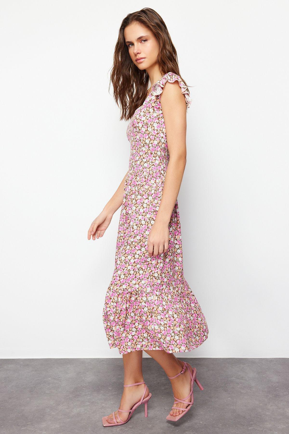 Purple Floral Square Collar Midi Dress, Lilac, large image number 5
