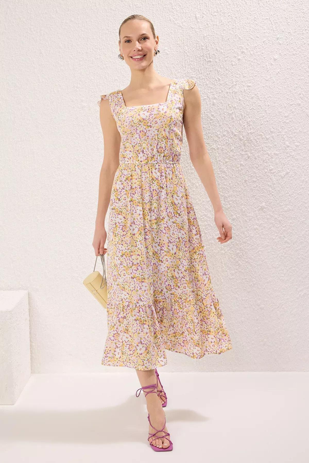 Yellow Floral Ruffle Midi Dress, Yellow, large image number 0