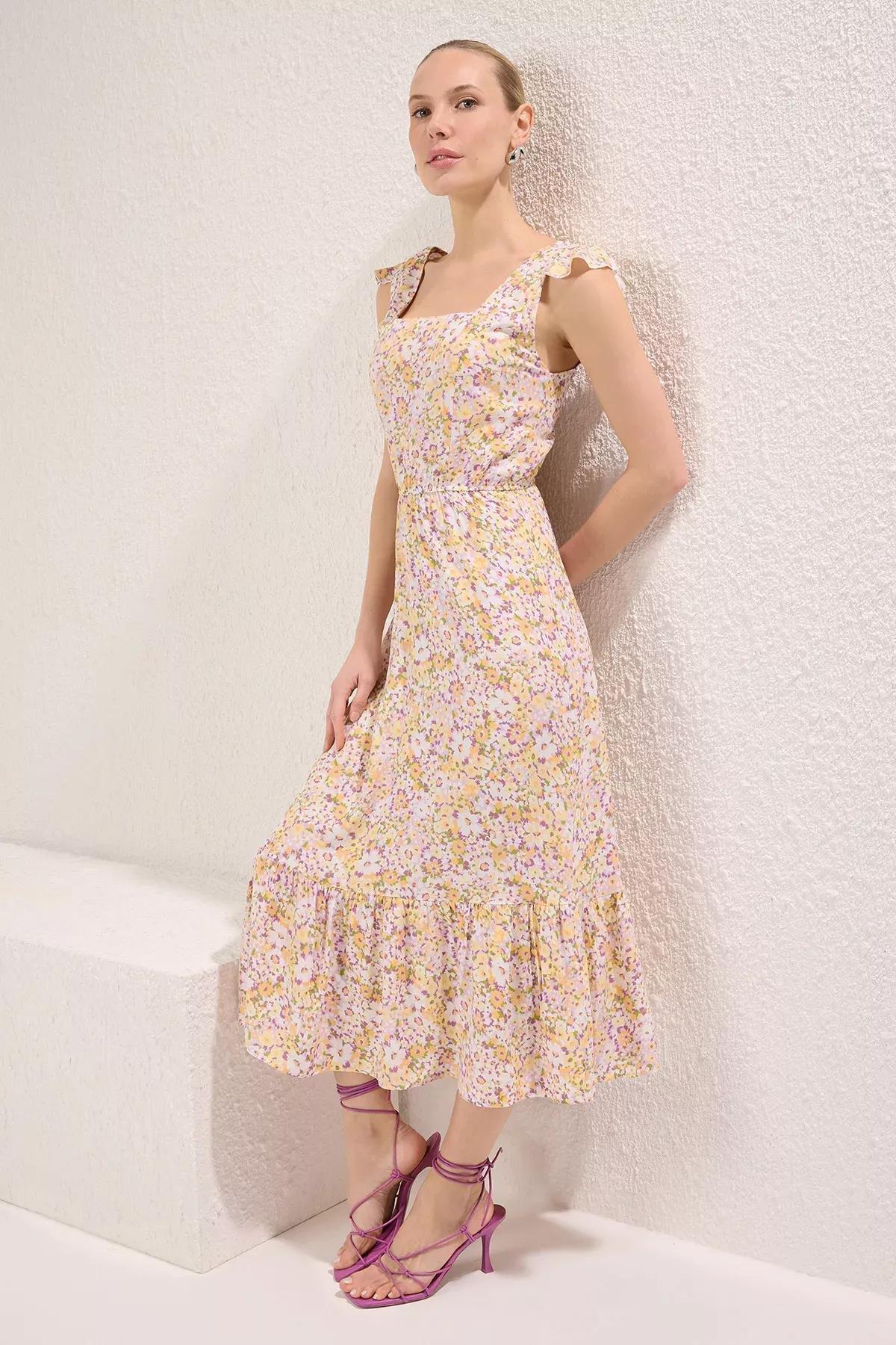 Yellow Floral Ruffle Midi Dress, Yellow, large image number 1