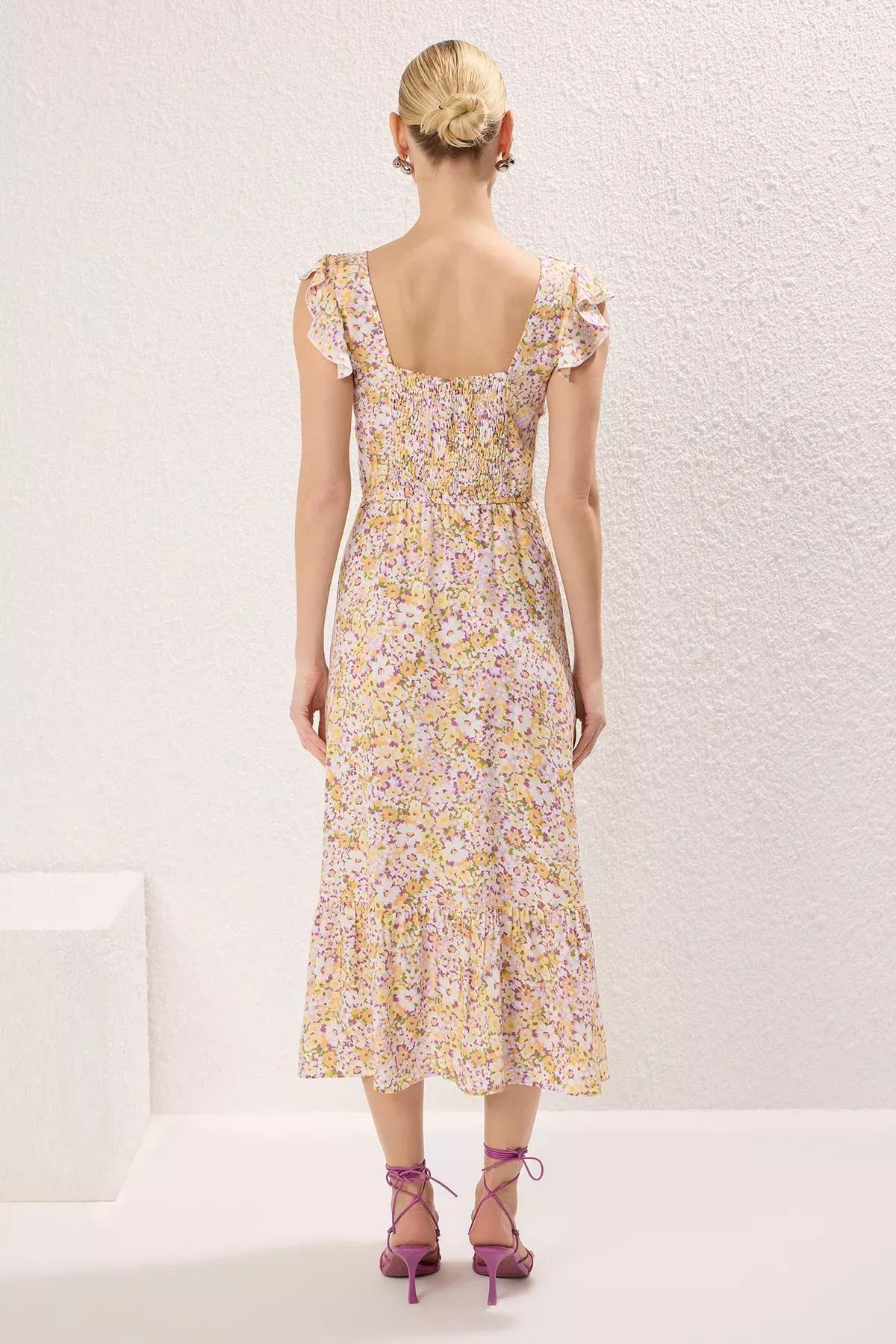 Yellow Floral Ruffle Midi Dress, Yellow, large image number 3