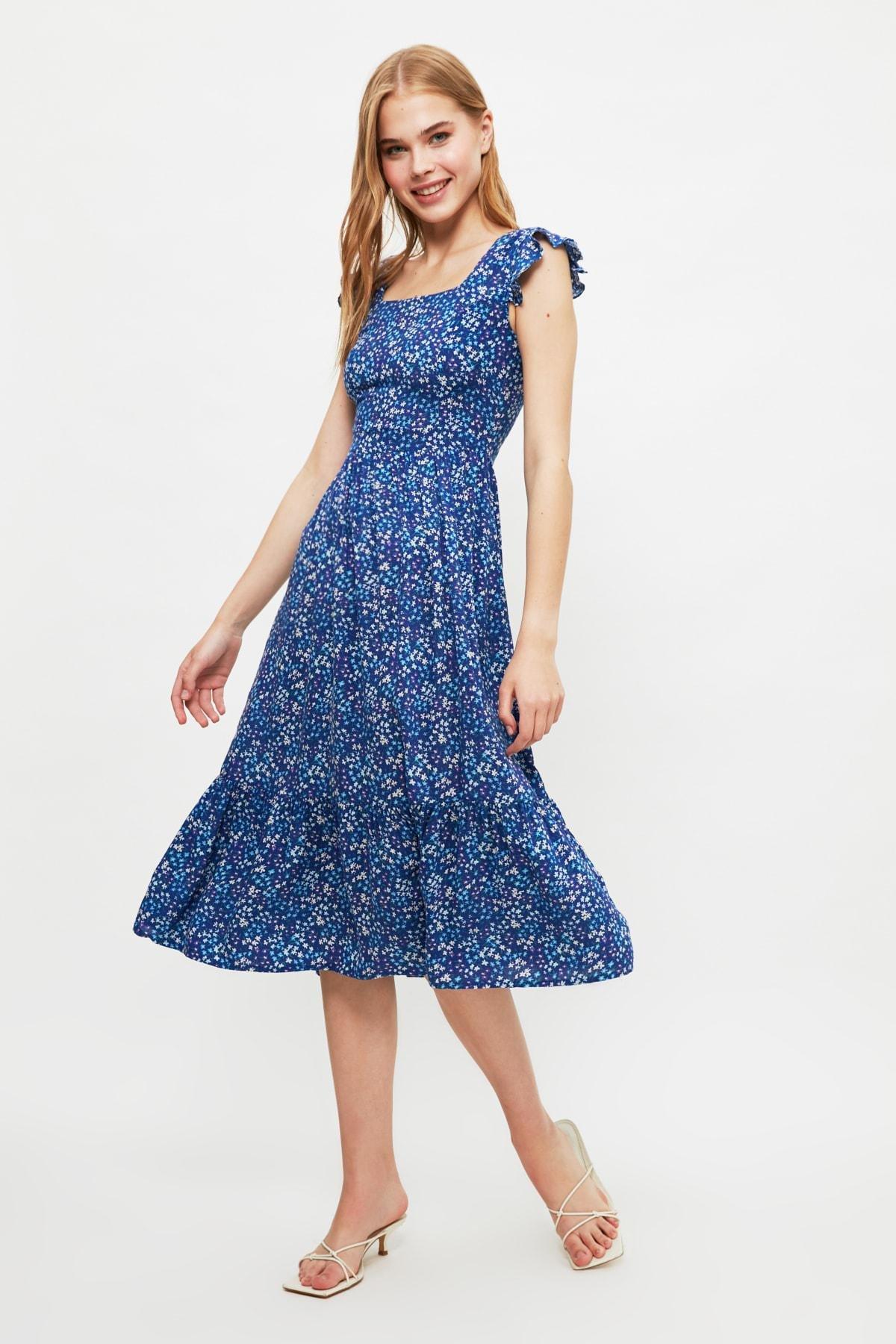 Navy A-Line Midi Floral Dress, Dark blue, large image number 0