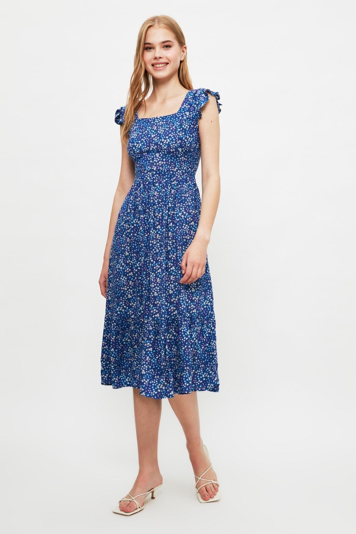 Navy A-Line Midi Floral Dress, , large image number 1