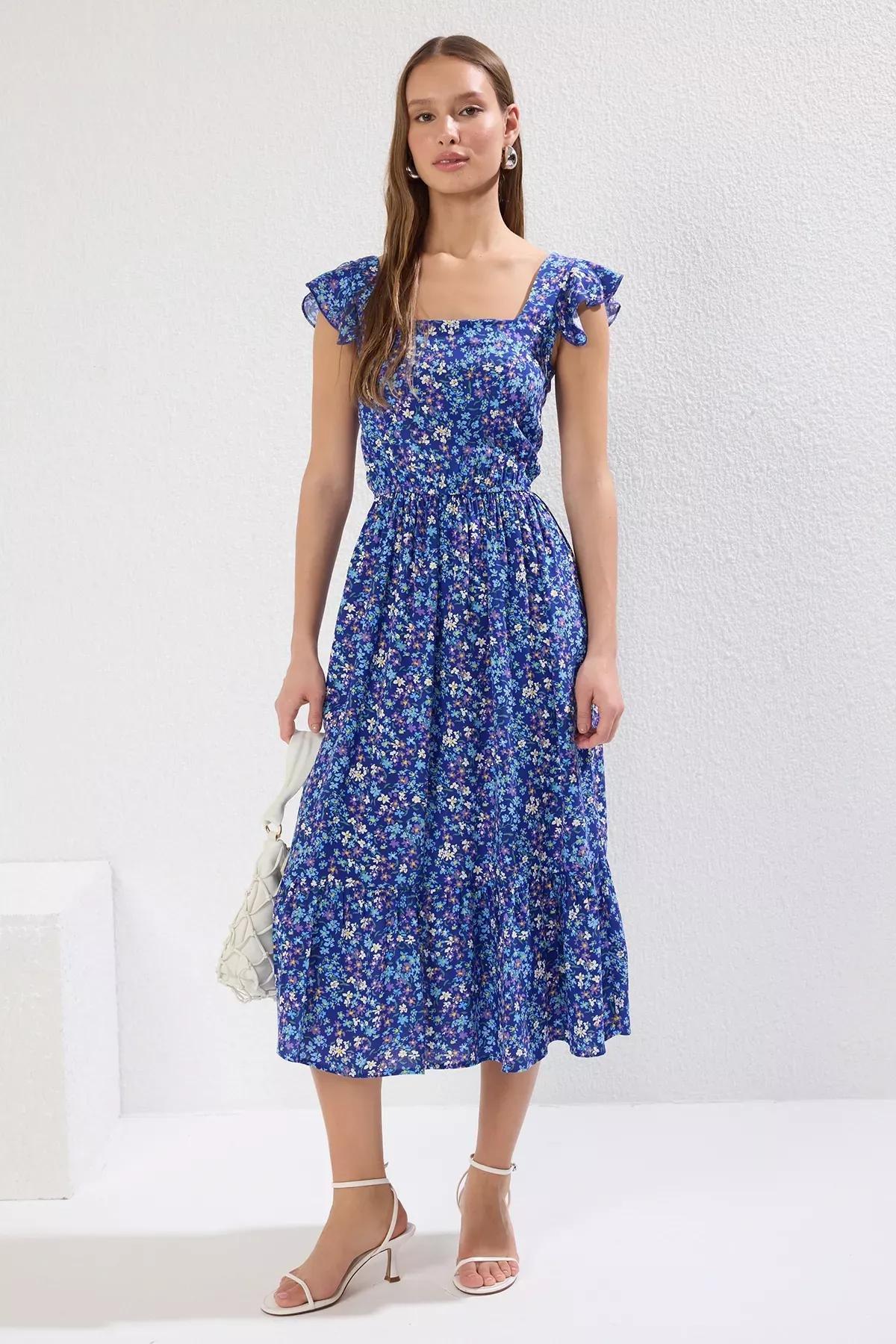 Navy A-Line Midi Floral Dress, Dark blue, large image number 1