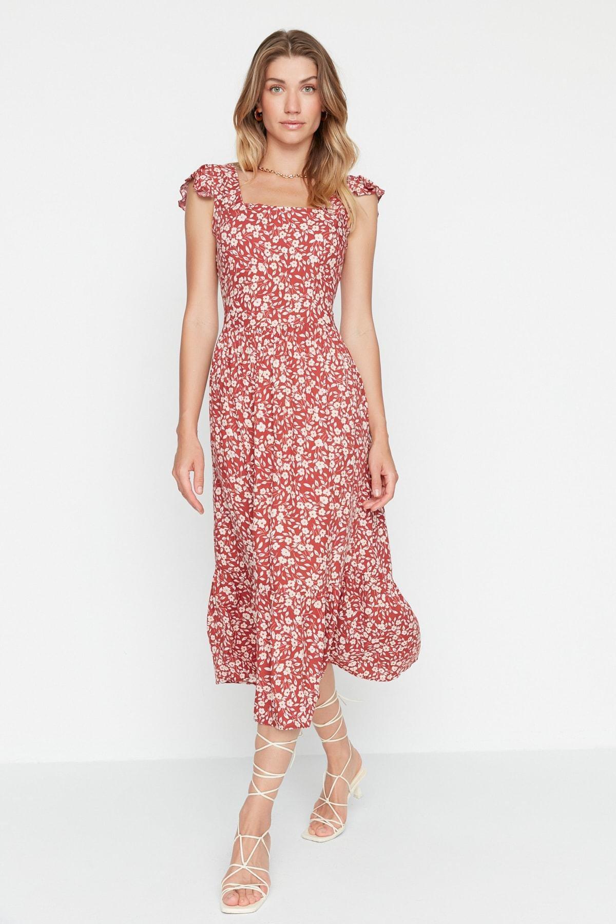 Orange Floral A-Line Dress, Orange, medium