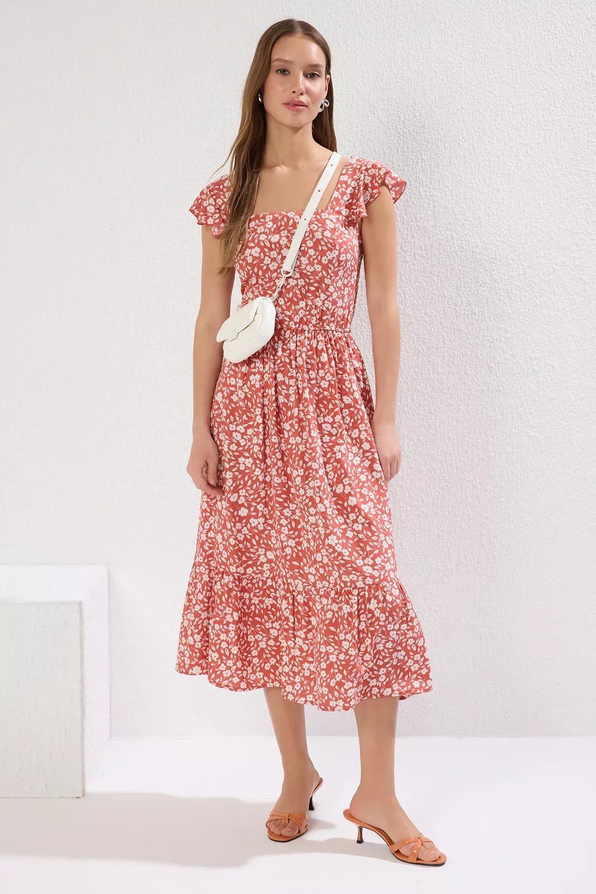 Orange Floral A-Line Dress, Orange, medium