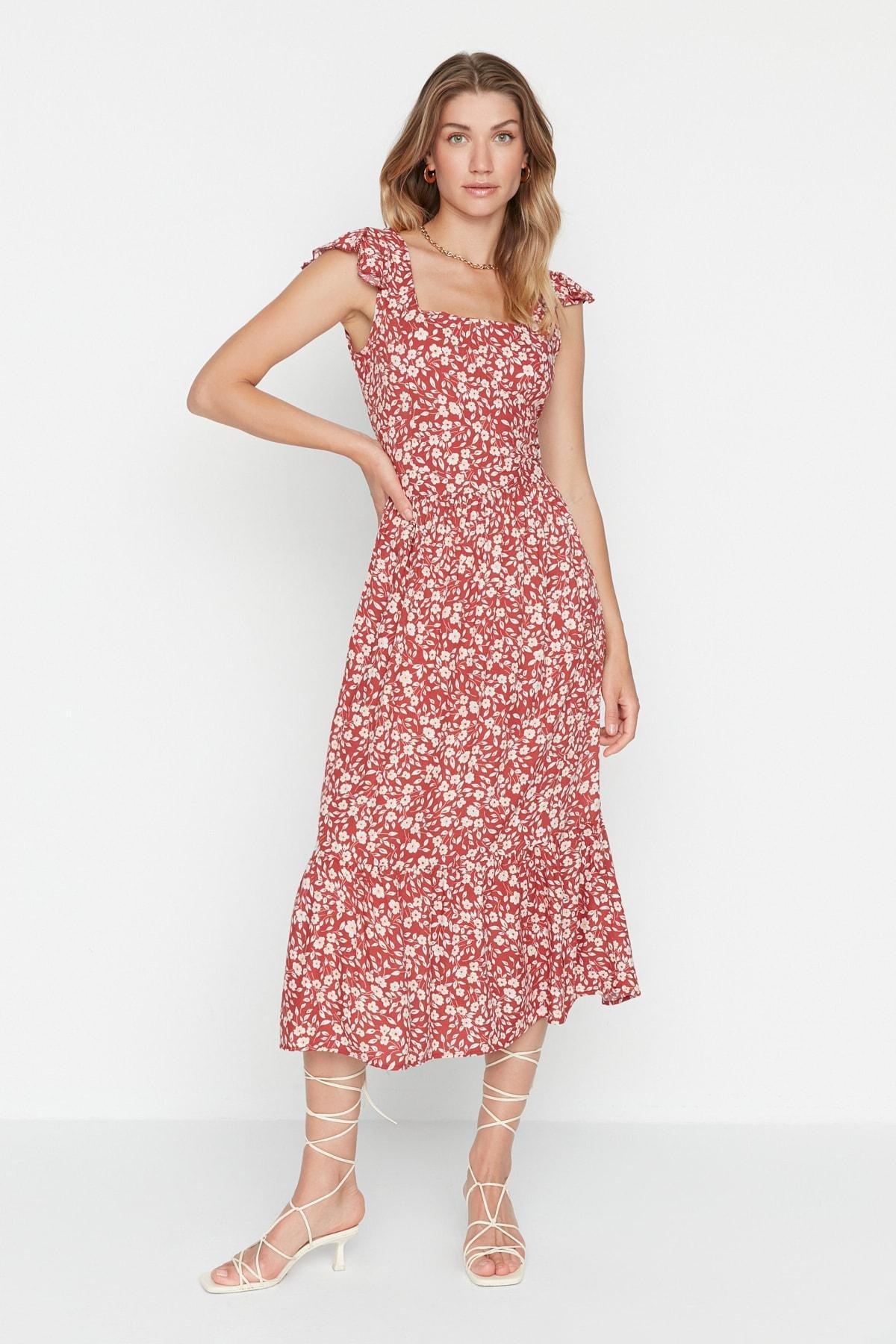 Orange Floral A-Line Dress, Orange, medium