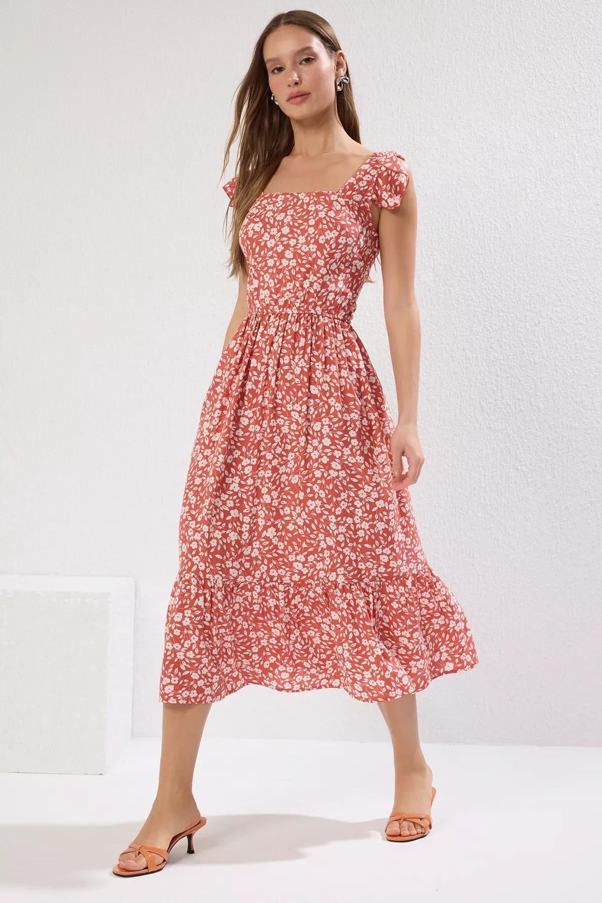 Orange Floral A-Line Dress, Orange, large image number 3