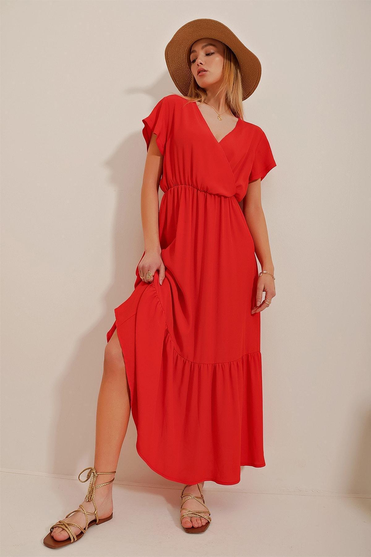 Red Double Breasted Neck Maxi Dress, , large image number 2
