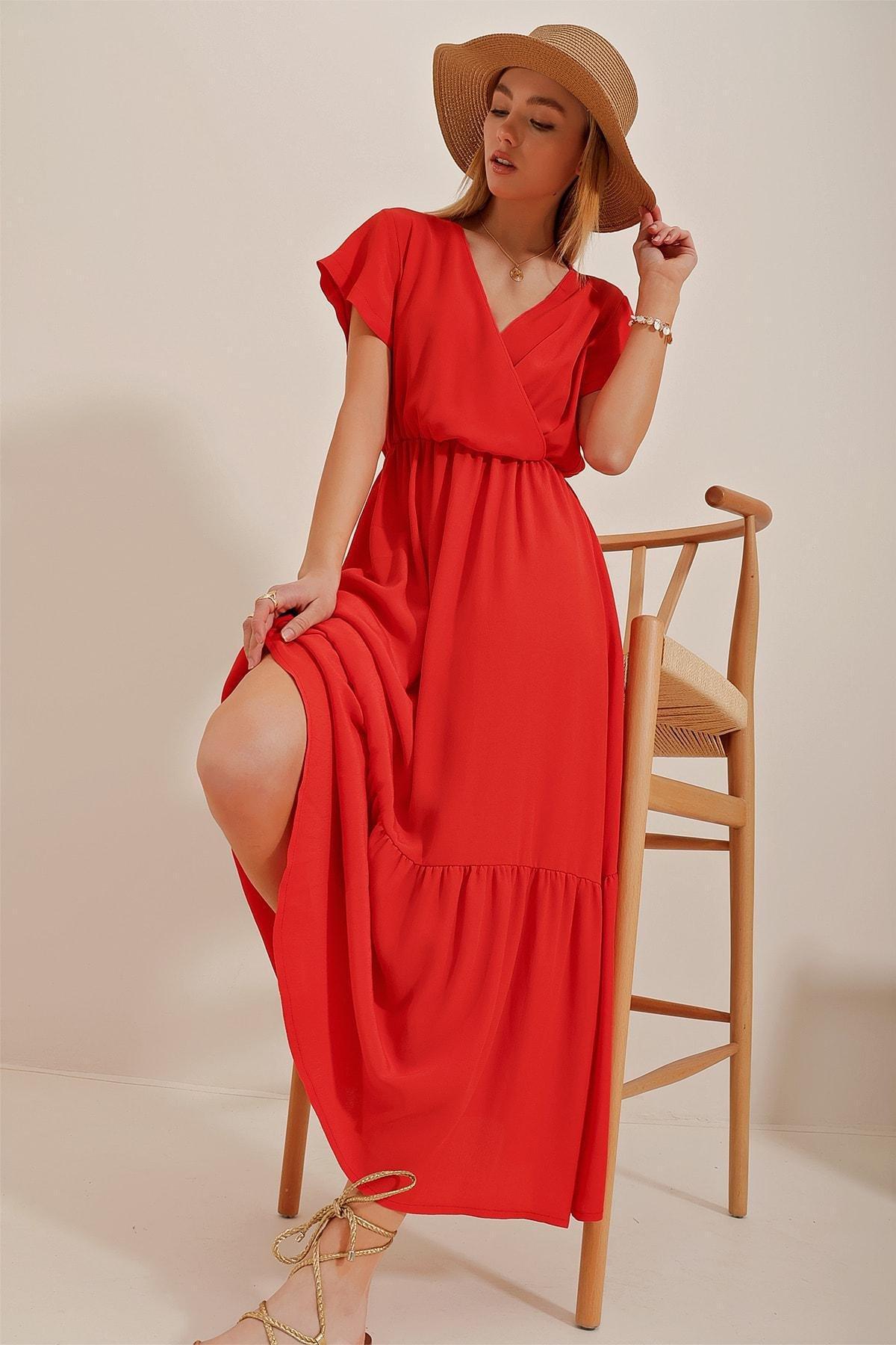 Red Double Breasted Neck Maxi Dress, , large image number 3