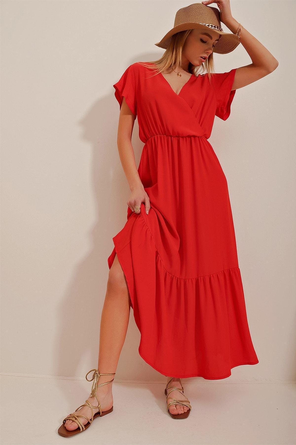 Red Double Breasted Neck Maxi Dress, , large image number 4
