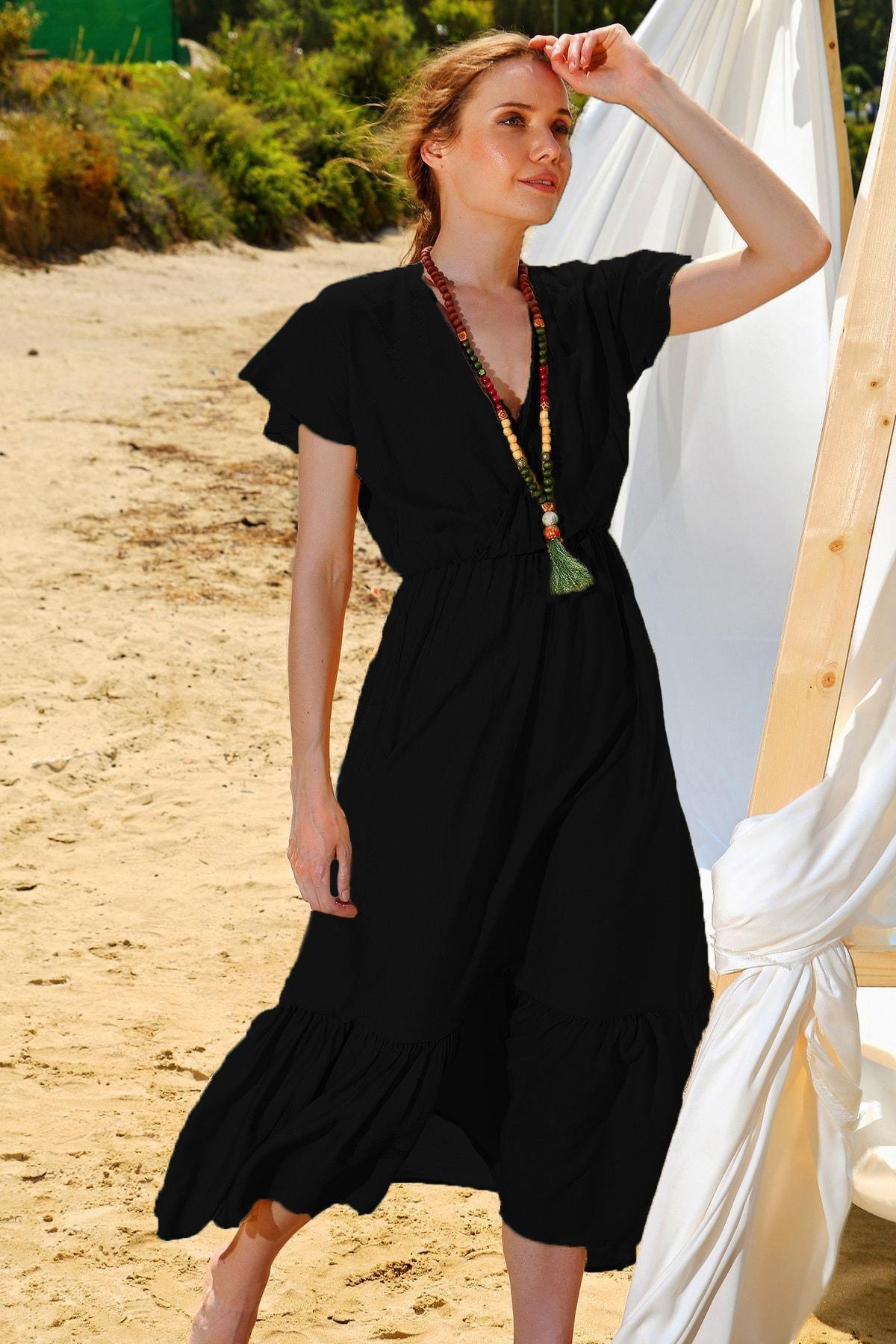 Black Floral Ruffle Hem V-Neck Dress, , large image number 0