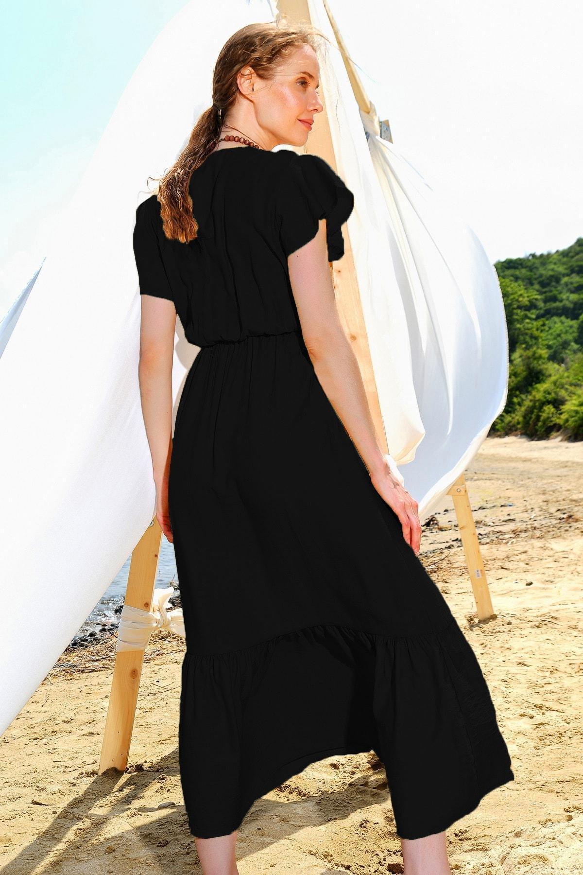 Black Floral Ruffle Hem V-Neck Dress, , large image number 2