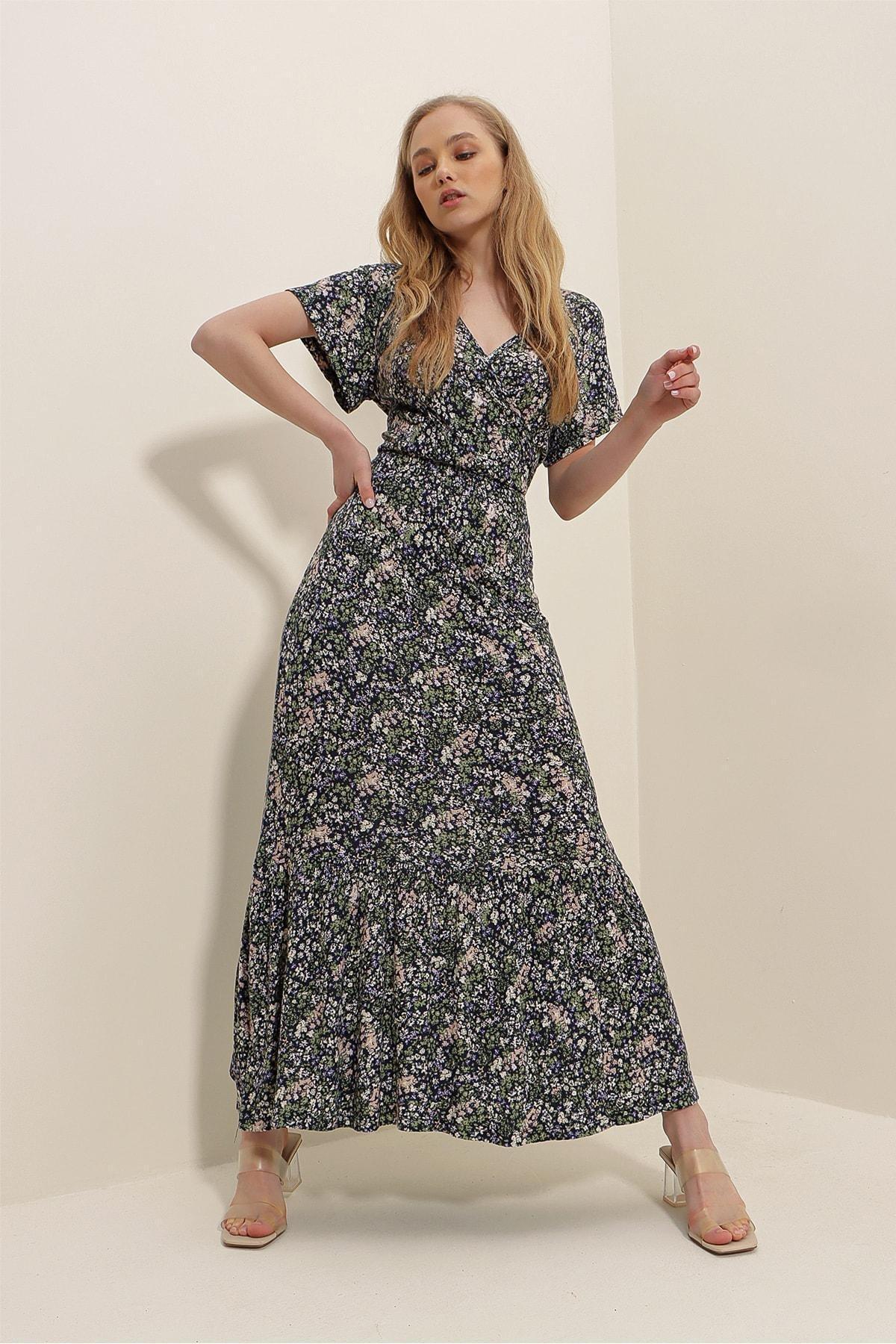 Black Floral Ruffle Hem V-Neck Dress, , large image number 3