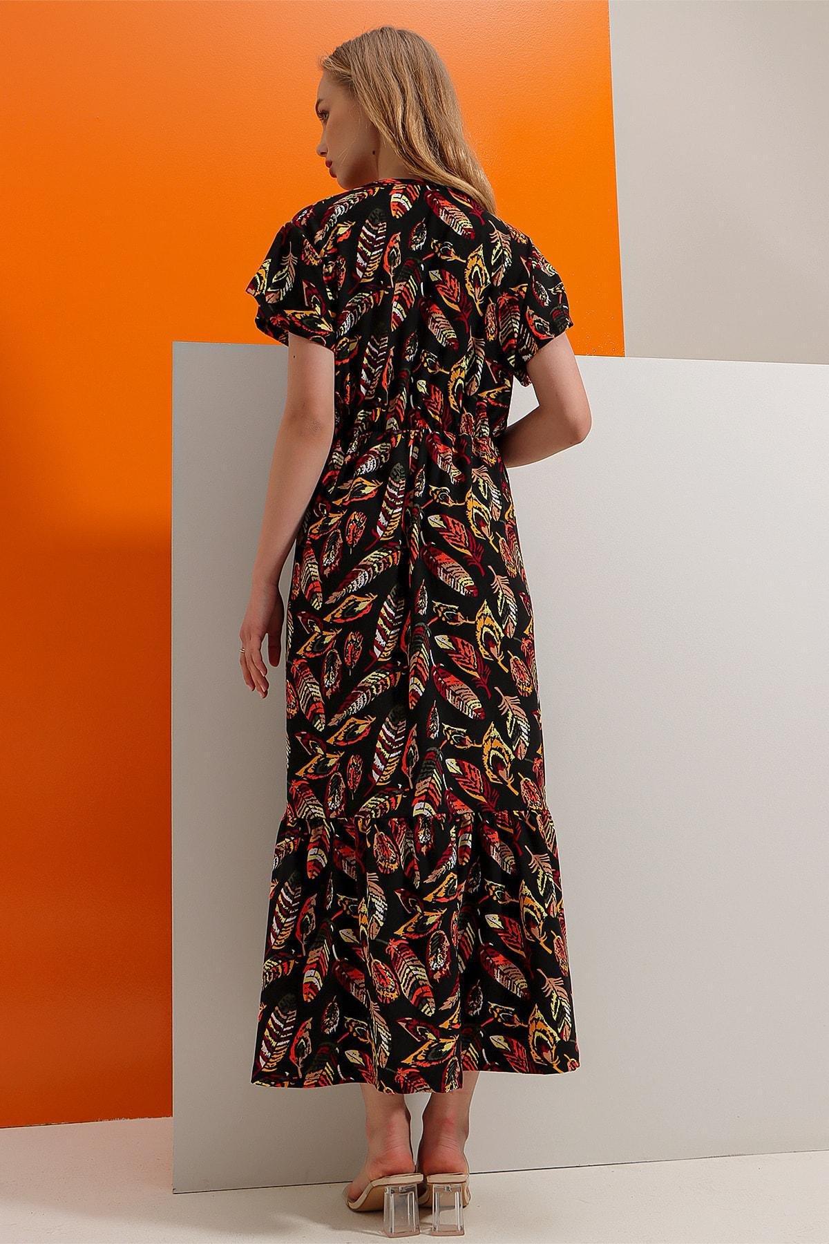 Black Floral Ruffle Hem V-Neck Dress, , large image number 4
